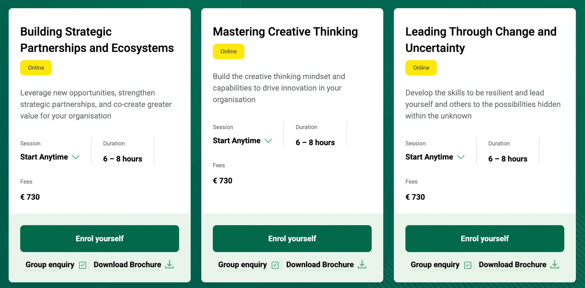 Three online microcredential courses with flexible start dates, 6–8 hour durations and clear learning outcomes in areas like strategy, creative thinking and leadership. Three online microcredential courses with flexible start dates, 6–8 hour durations and clear learning outcomes in areas like strategy, creative thinking and leadership.