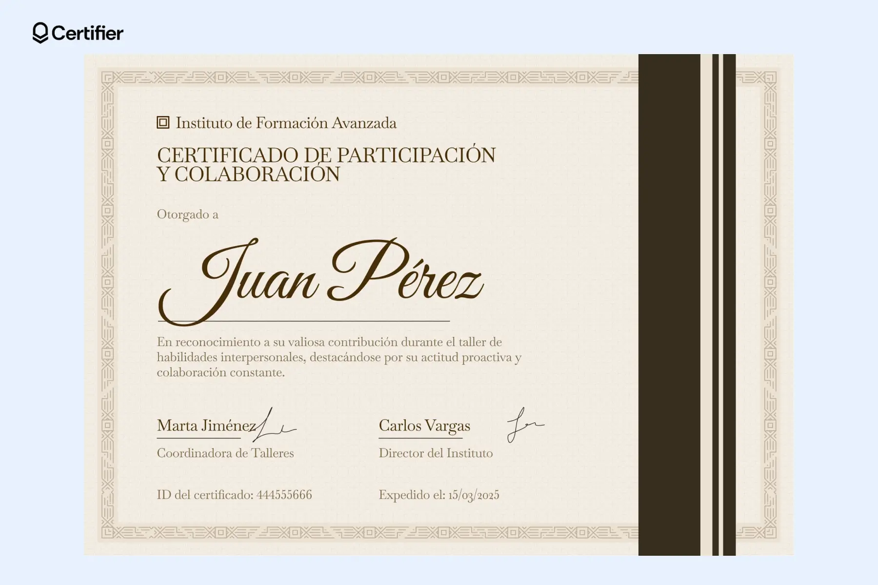 Constancia de participación en curso con diseño beige, entregada por colaboración en talleres. Un modelo profesional de certificados de participación. Constancia de participación en curso con diseño beige, entregada por colaboración en talleres. Un modelo profesional de certificados de participación.