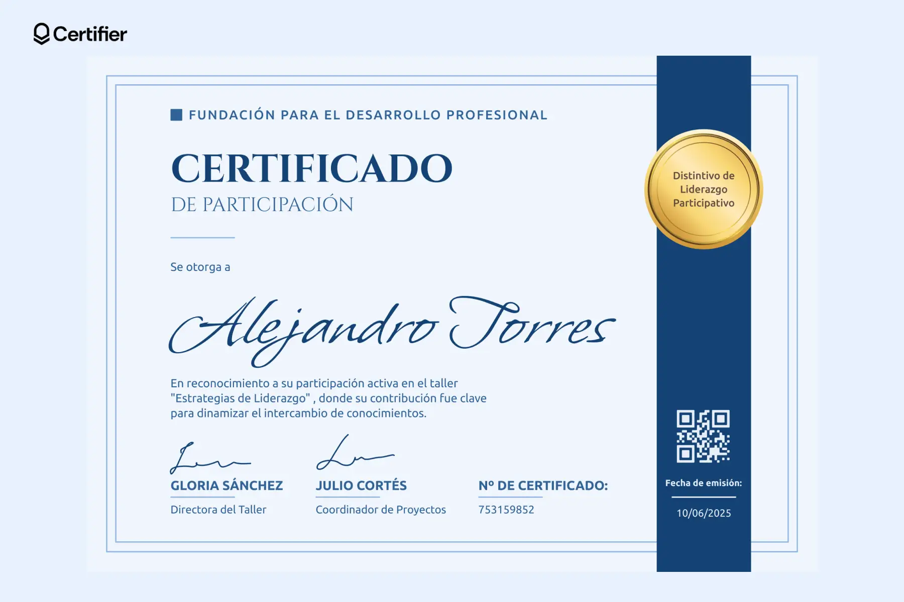 Certificado de participación azul claro con insignia, otorgado por liderazgo en talleres. Perfecto como reconocimiento de participación en evento. Certificado de participación azul claro con insignia, otorgado por liderazgo en talleres. Perfecto como reconocimiento de participación en evento.