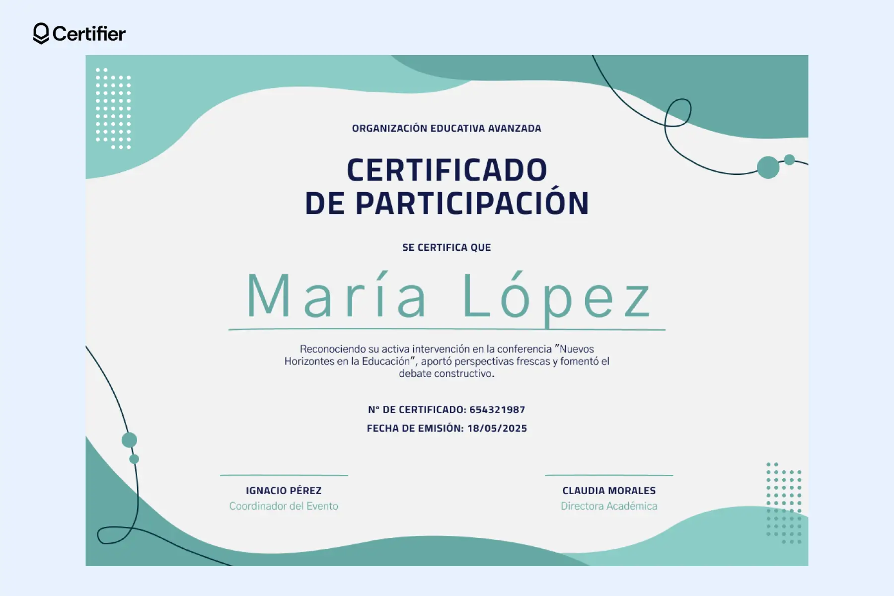 Certificado de participación con detalles menta y líneas curvas, ideal para eventos educativos. Excelente constancia de participación ejemplo. Certificado de participación con detalles menta y líneas curvas, ideal para eventos educativos. Excelente constancia de participación ejemplo.