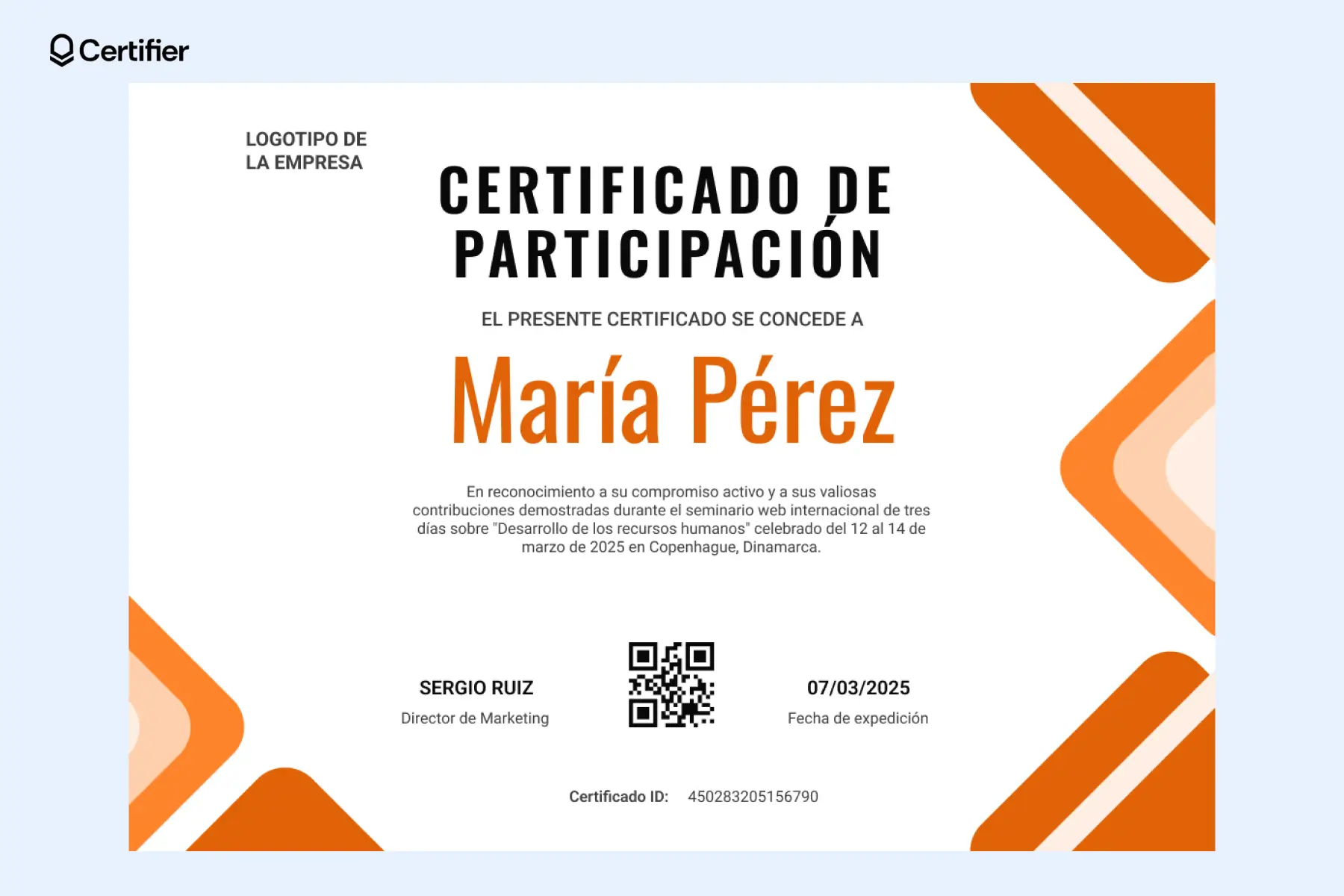 Certificado de participación moderno en blanco y naranja, entregado por asistencia a seminario internacional. Ejemplo de diploma de participación profesional. Certificado de participación moderno en blanco y naranja, entregado por asistencia a seminario internacional. Ejemplo de diploma de participación profesional.