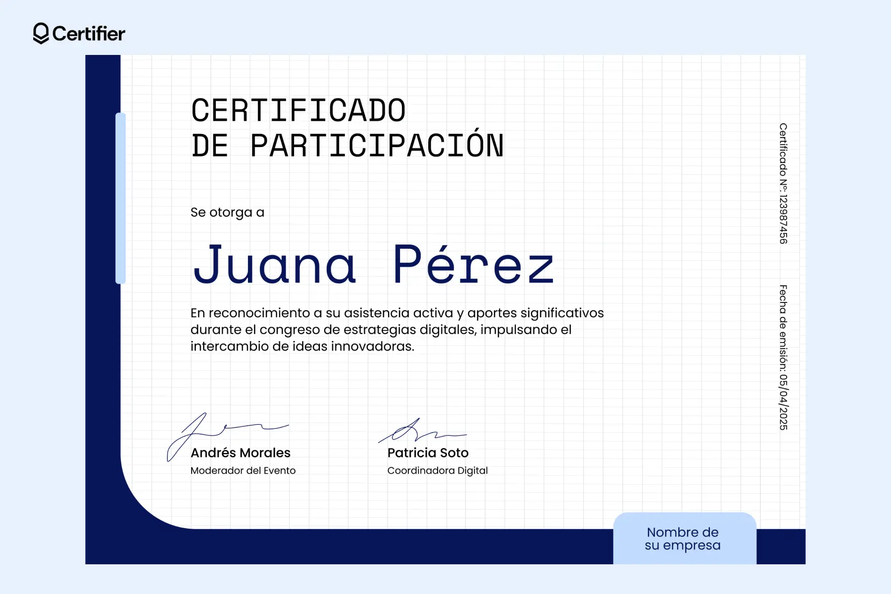 Certificado de participación digital estilo técnico para congresos de tecnología. Buen ejemplo de constancias de participacion personalizadas. Certificado de participación digital estilo técnico para congresos de tecnología. Buen ejemplo de constancias de participacion personalizadas.