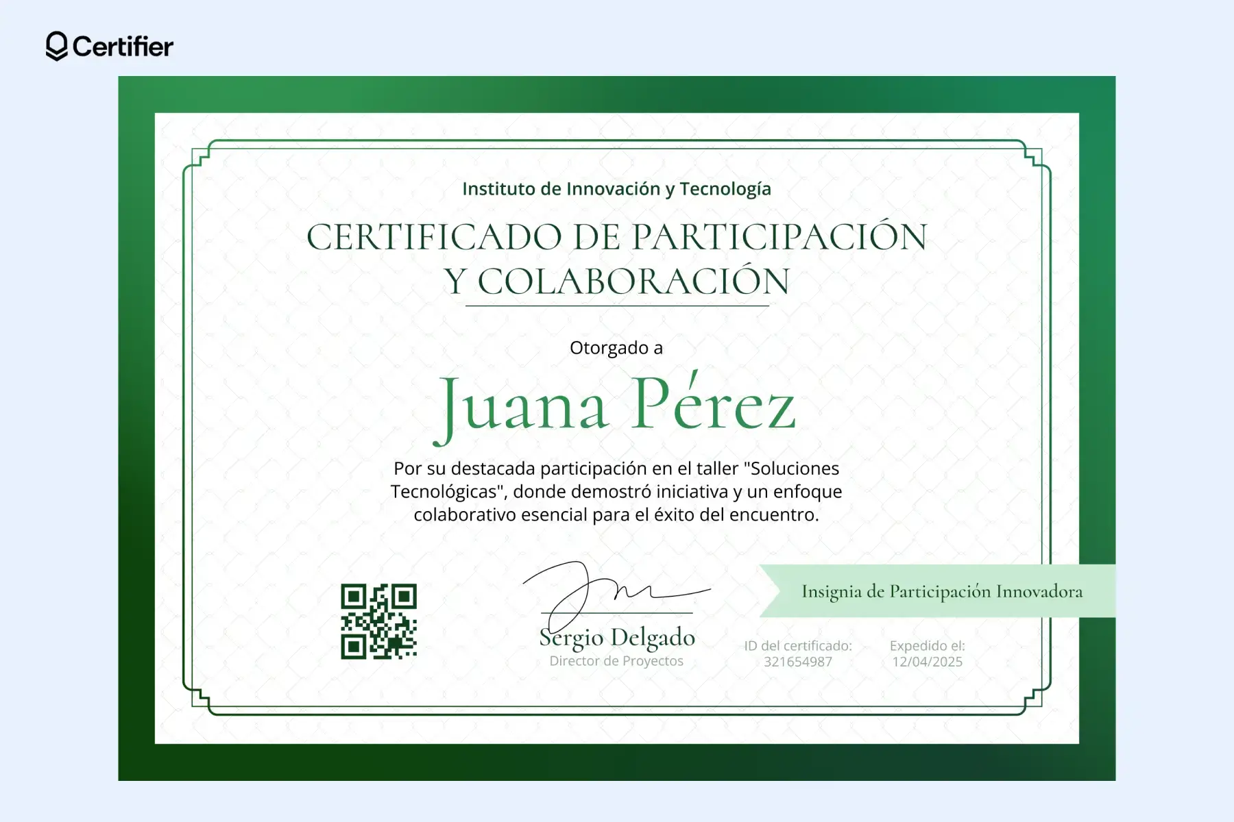 Certificado de participación y colaboración en verde con QR. Ejemplo de certificados de participación con enfoque en innovación. Certificado de participación y colaboración en verde con QR. Ejemplo de certificados de participación con enfoque en innovación.