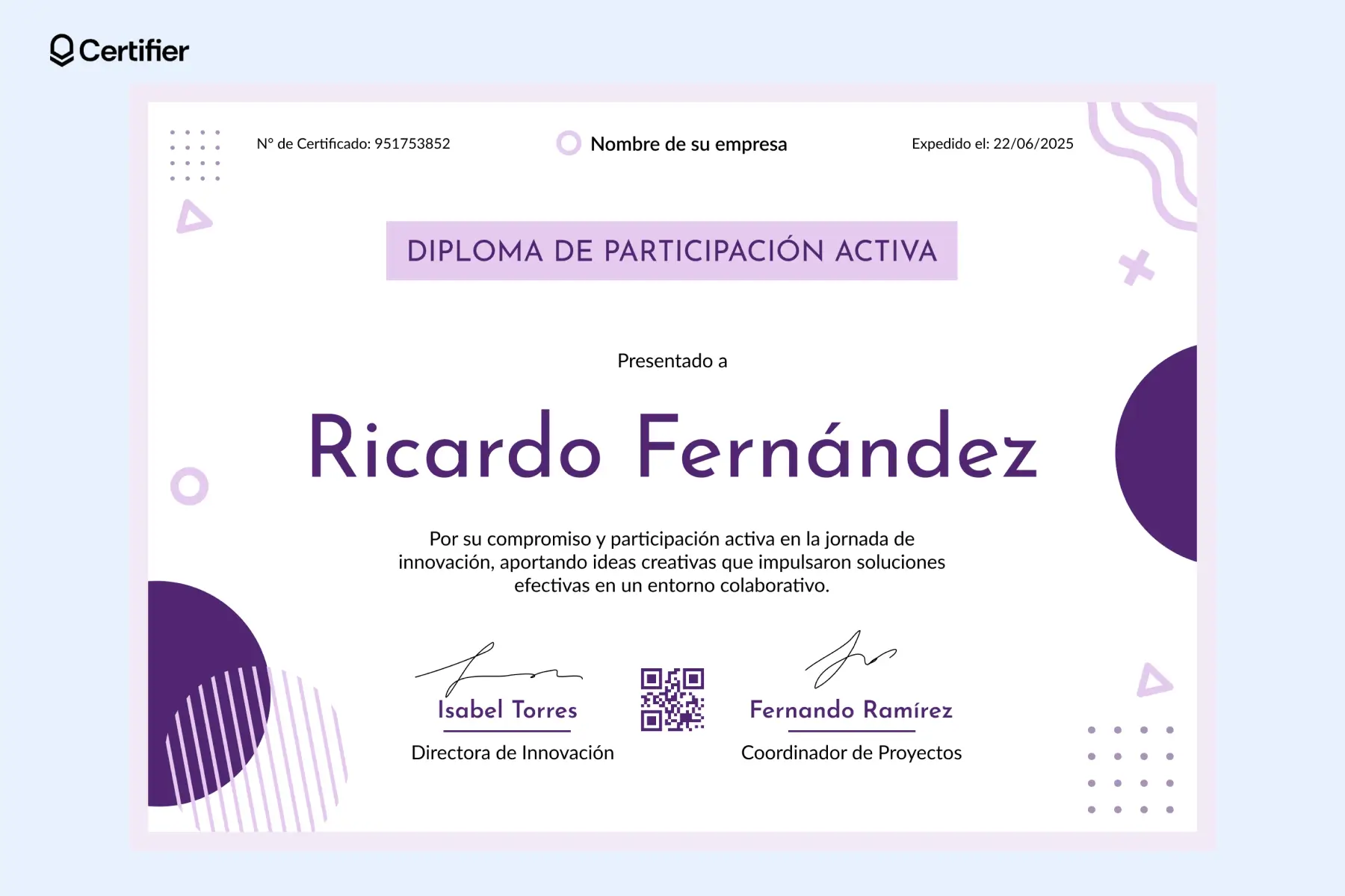 Certificado de participación moderno con fondo morado, para eventos de innovación. Ejemplo visual de certificados de participación ejemplos. Certificado de participación moderno con fondo morado, para eventos de innovación. Ejemplo visual de certificados de participación ejemplos.