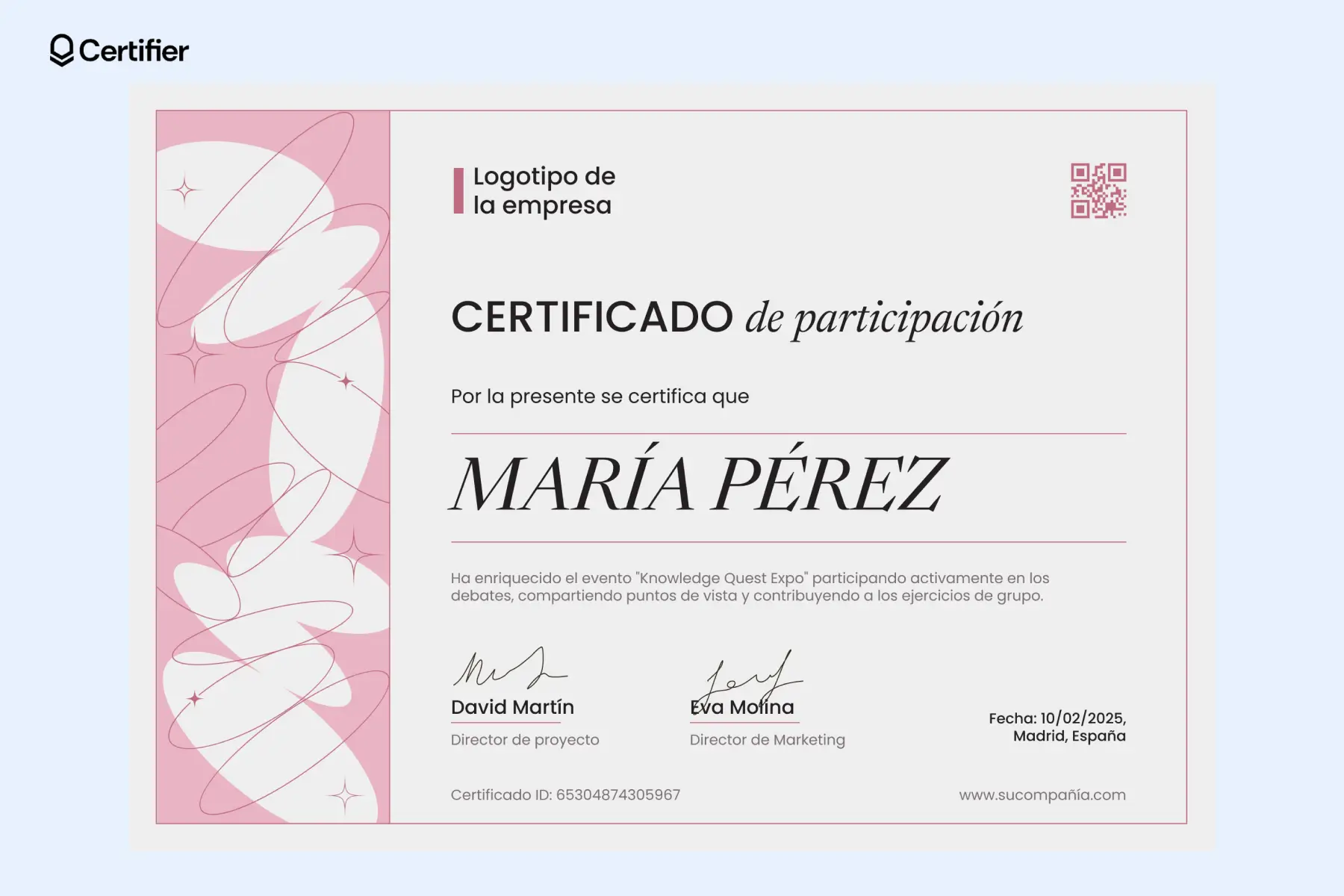 Constancia de participación con detalles rosados, otorgada por colaboración en debates. Ideal como reconocimiento por participar en un evento. Constancia de participación con detalles rosados, otorgada por colaboración en debates. Ideal como reconocimiento por participar en un evento.
