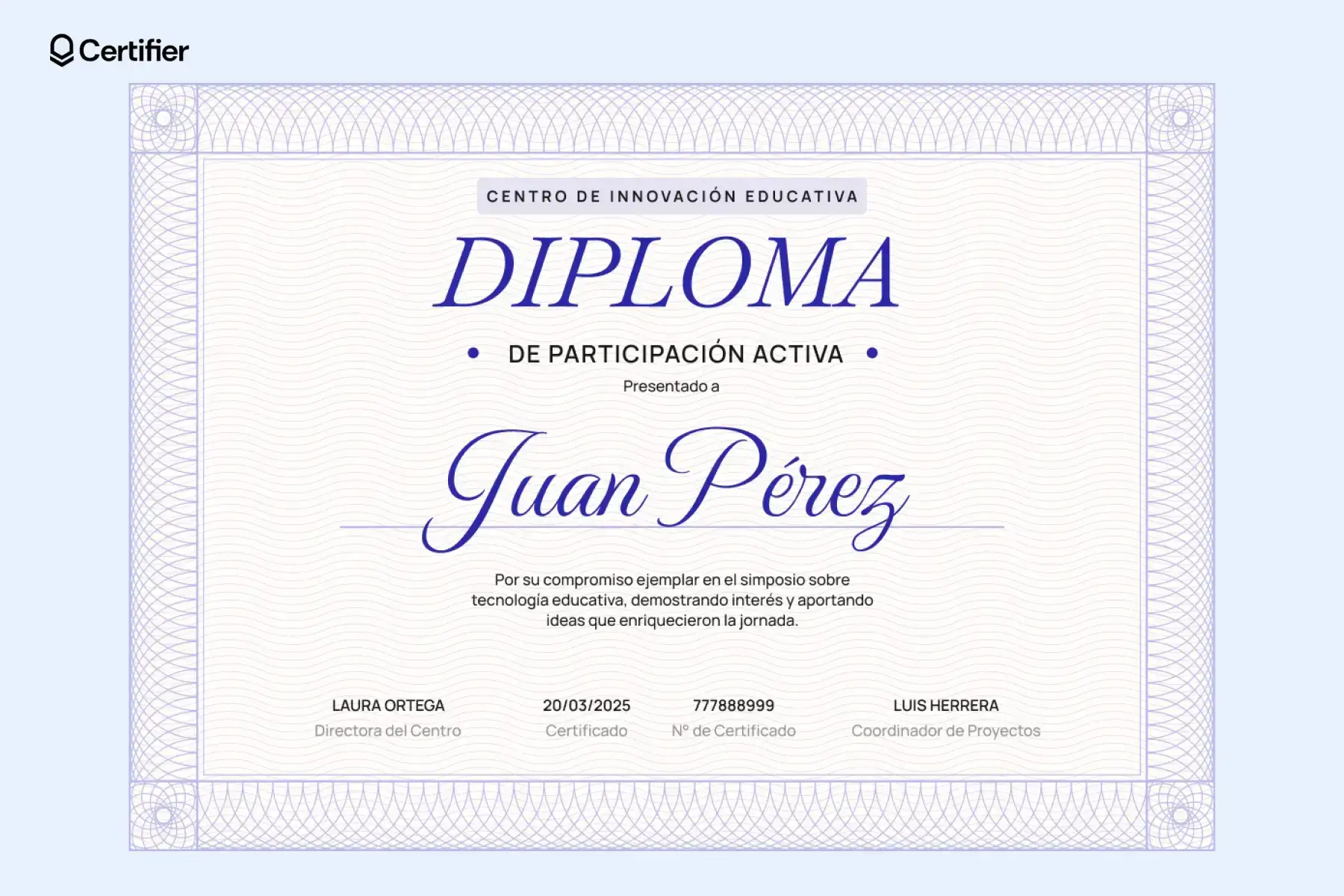 Diploma de participación con patrón de seguridad, perfecto para cursos académicos. Un gran ejemplo de constancia de participación en curso. Diploma de participación con patrón de seguridad, perfecto para cursos académicos. Un gran ejemplo de constancia de participación en curso.