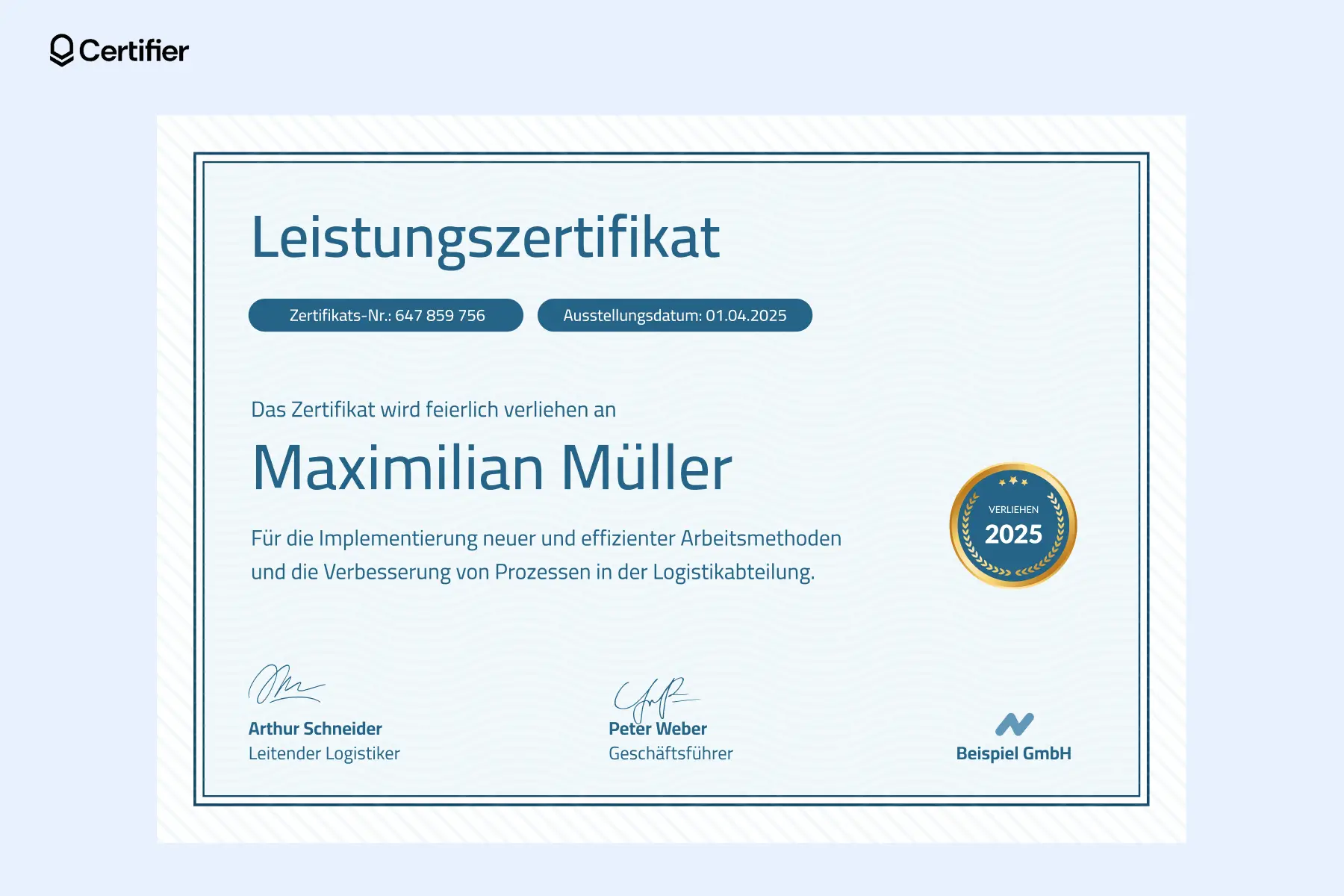 Ein Leistungszertifikat, das Maximilian Müller für seine Beiträge in der Logistikabteilung verliehen wurde und beispielhaft zeigt, wie Zertifikate für die berufliche Anerkennung ausgestellt werden können. Ein Leistungszertifikat, das Maximilian Müller für seine Beiträge in der Logistikabteilung verliehen wurde und beispielhaft zeigt, wie Zertifikate für die berufliche Anerkennung ausgestellt werden können.
