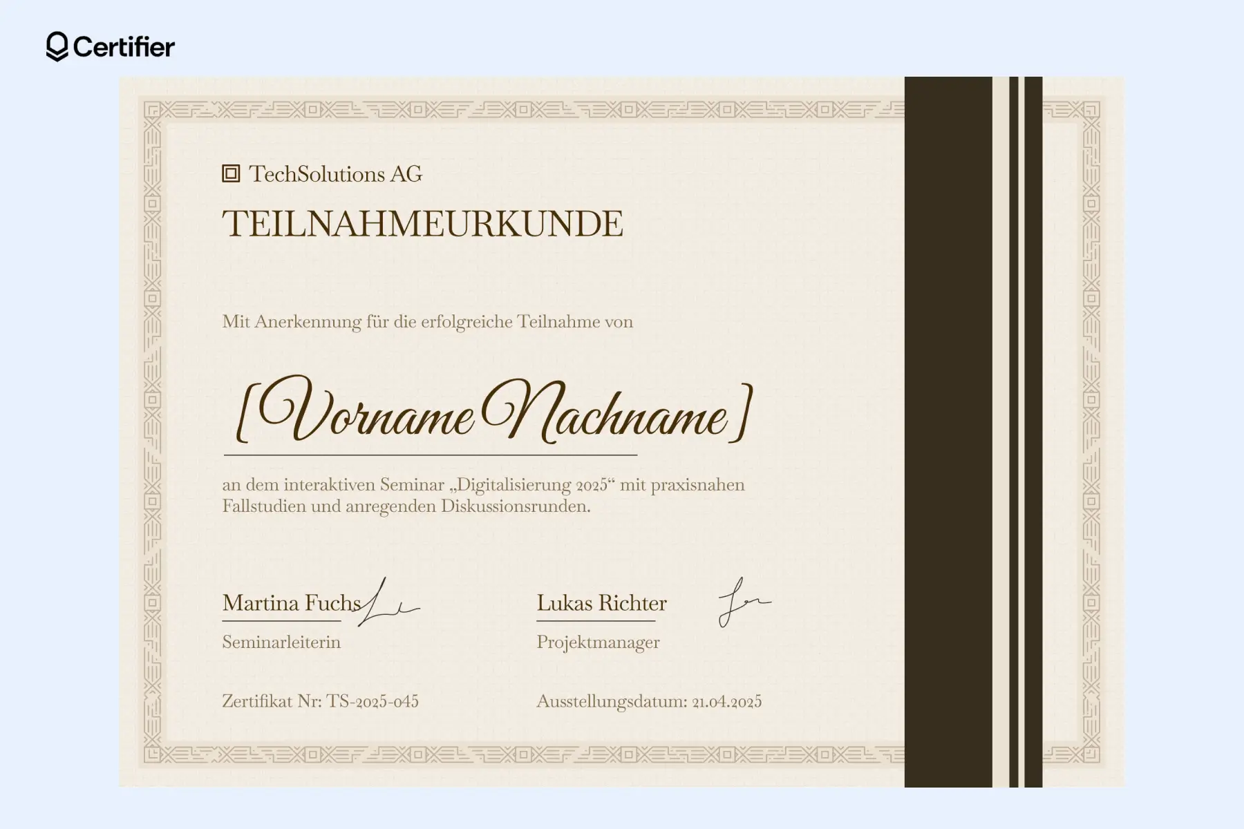 Modern gestaltete Teilnahmebestätigung Vorlage für ein interaktives Seminar, ideal für die Teilnahme an digitalen Weiterbildungskursen, die anpassbar sind und als Muster Teilnahmebescheinigung verwendet werden können. Modern gestaltete Teilnahmebestätigung Vorlage für ein interaktives Seminar, ideal für die Teilnahme an digitalen Weiterbildungskursen, die anpassbar sind und als Muster Teilnahmebescheinigung verwendet werden können.