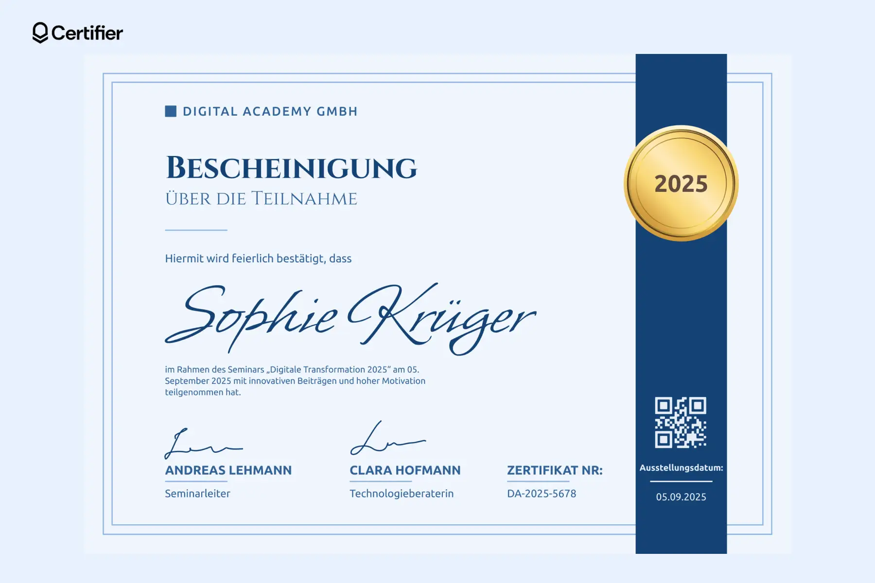 Teilnahmebescheinigung im eleganten blauen Design mit einem goldenen Siegel, geeignet für die Bestätigung der Teilnahme an akademischen und beruflichen Seminaren. Teilnahmebescheinigung im eleganten blauen Design mit einem goldenen Siegel, geeignet für die Bestätigung der Teilnahme an akademischen und beruflichen Seminaren.