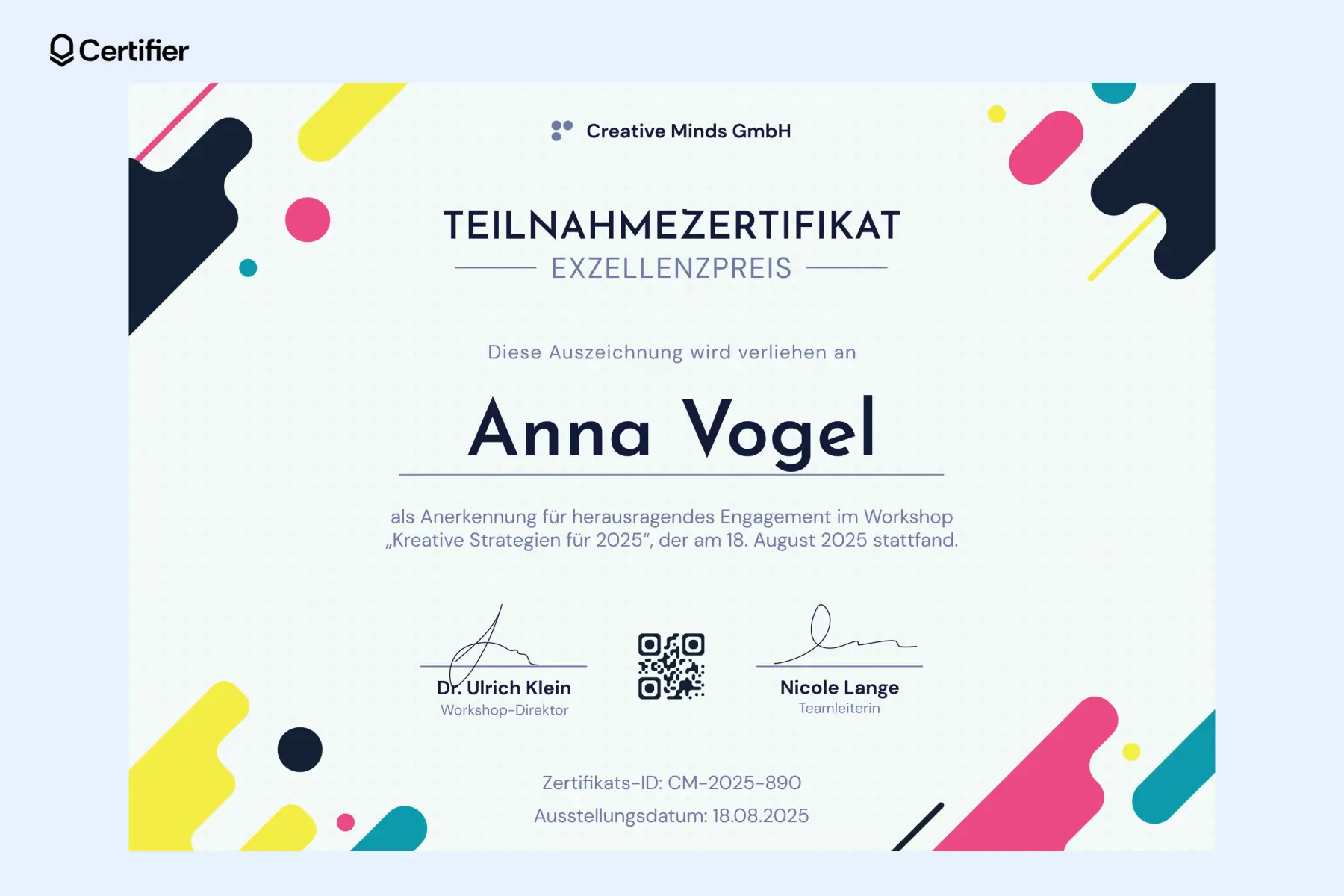 Farbenfrohe Teilnahmebescheinigung Vorlage, die für kreative Workshops und Veranstaltungen genutzt werden kann. Farbenfrohe Teilnahmebescheinigung Vorlage, die für kreative Workshops und Veranstaltungen genutzt werden kann.