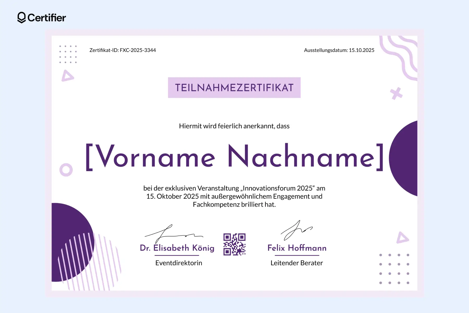 Teilnahmebescheinigung im modernen lila Design mit geometrischen Elementen – Vorlage für Teilnahmebestätigung bei exklusiven Innovationsveranstaltungen. Teilnahmebescheinigung im modernen lila Design mit geometrischen Elementen – Vorlage für Teilnahmebestätigung bei exklusiven Innovationsveranstaltungen.