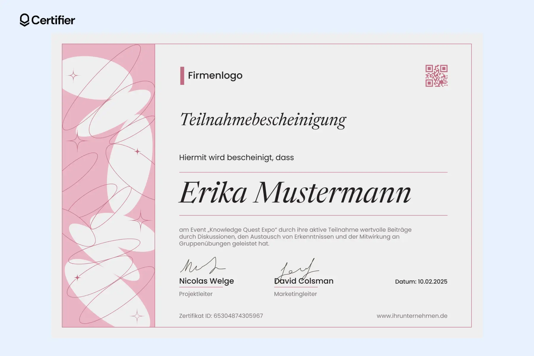 Teilnahmebescheinigung im zarten rosa Design, mit minimalistischem Look und modernen Linien – Vordruck Teilnahmebescheinigung für Events. Teilnahmebescheinigung im zarten rosa Design, mit minimalistischem Look und modernen Linien – Vordruck Teilnahmebescheinigung für Events.