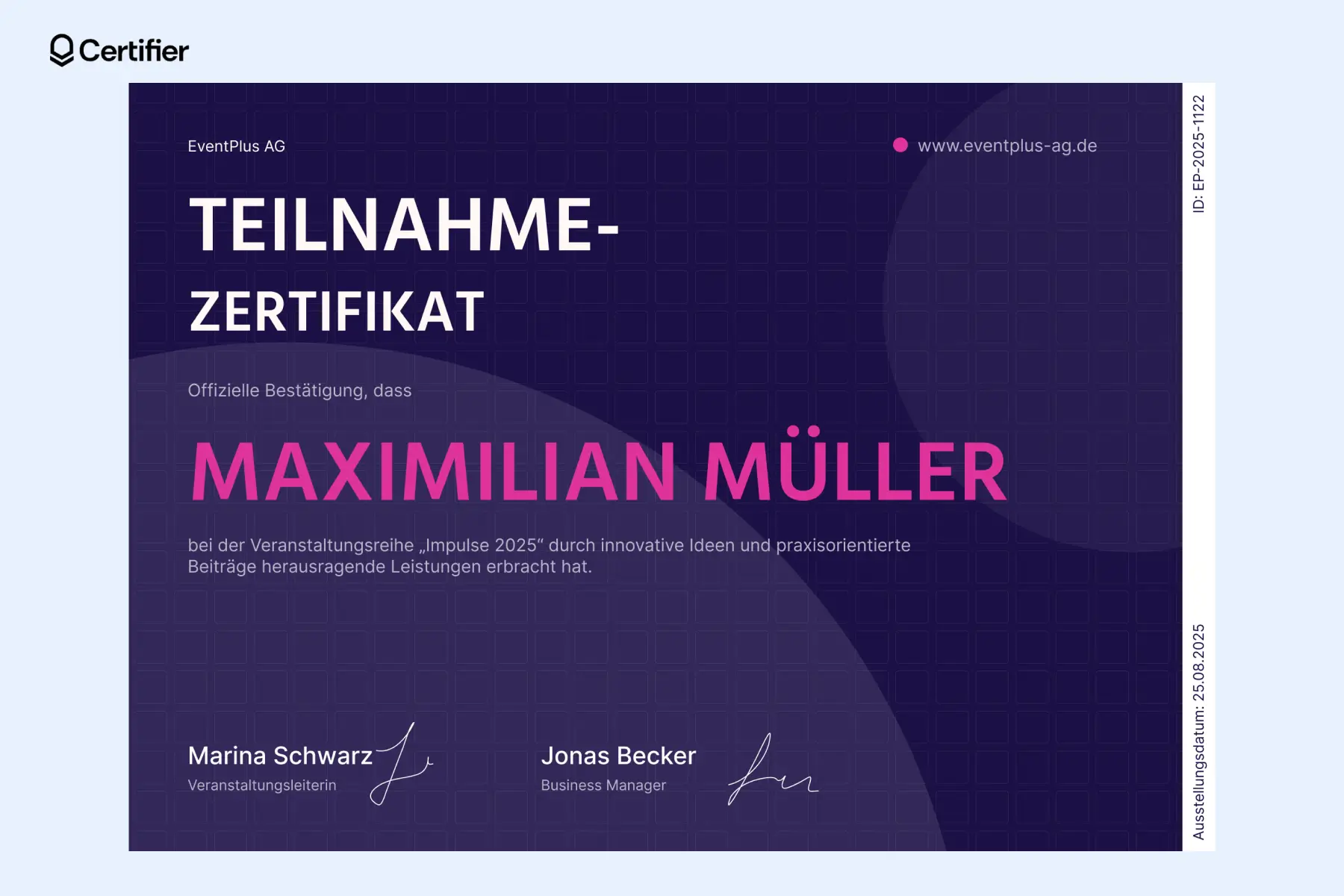 Teilnahmebescheinigung in violettem Design mit kräftigem Schriftzug und professioneller Präsentation – Vorlage für Teilnahmebescheinigung, ideal für Business Events. Teilnahmebescheinigung in violettem Design mit kräftigem Schriftzug und professioneller Präsentation – Vorlage für Teilnahmebescheinigung, ideal für Business Events.