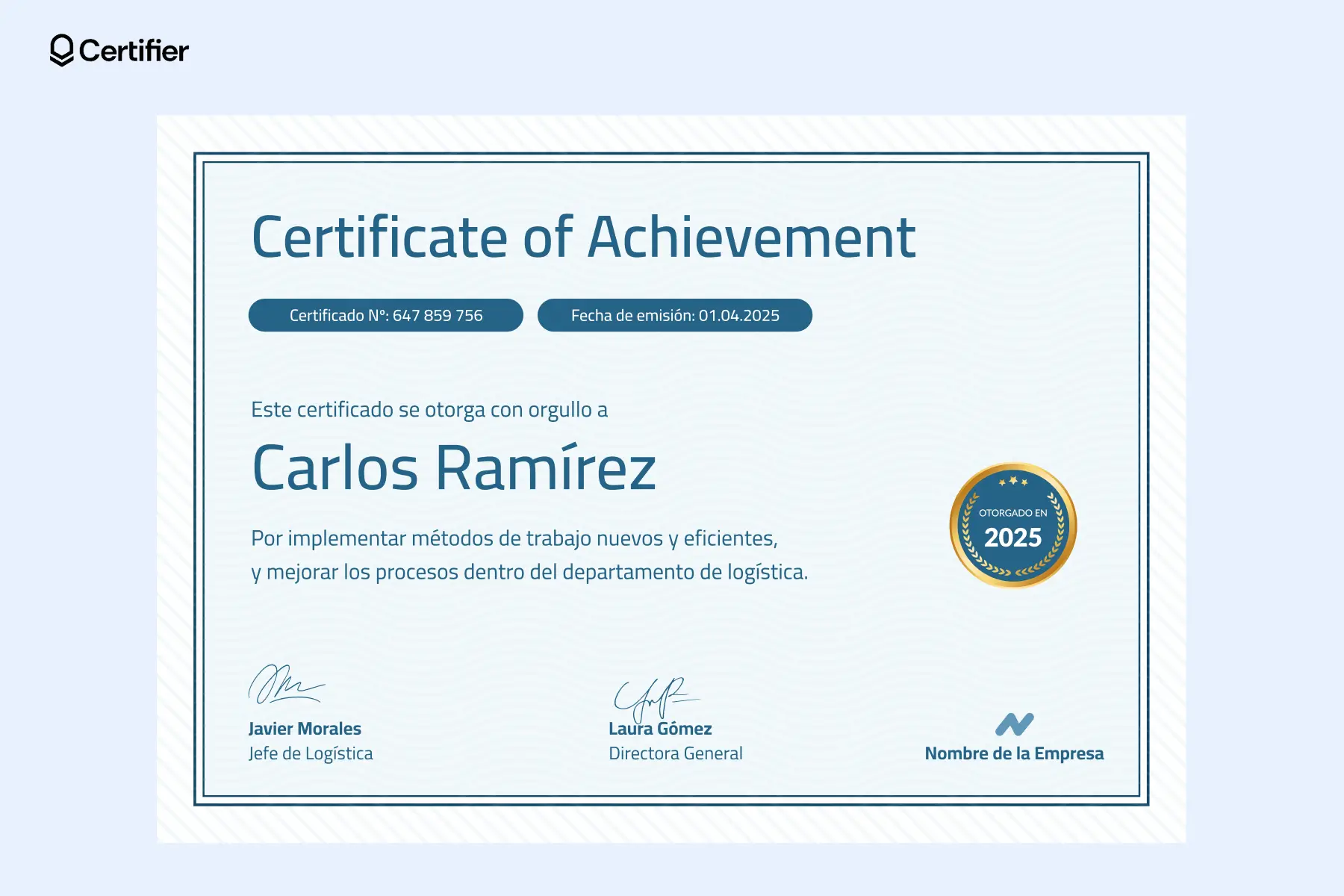 Un certificado de logro concedido a Carlos Ramírez por sus contribuciones al departamento logístico, que ejemplifique cómo crear certificados para reconocimientos profesionales. Un certificado de logro concedido a Carlos Ramírez por sus contribuciones al departamento logístico, que ejemplifique cómo crear certificados para reconocimientos profesionales.