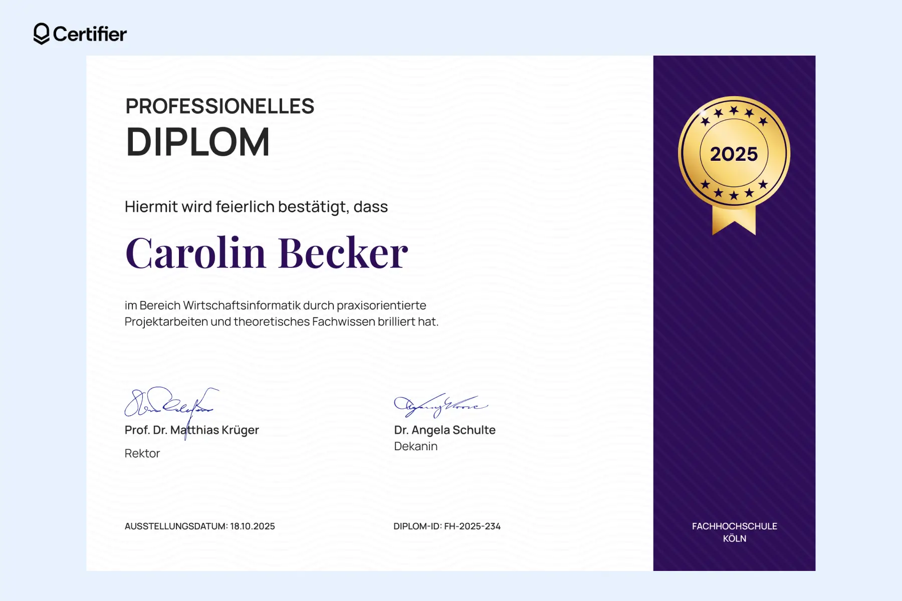 Eine Diplom Urkunde Vorlage kostenlos, die ein modernes Design in Violett und einem goldenen Siegel für einen erfolgreichen Abschluss in Wirtschafts-Informatik darstellt. Eine Diplom Urkunde Vorlage kostenlos, die ein modernes Design in Violett und einem goldenen Siegel für einen erfolgreichen Abschluss in Wirtschafts-Informatik darstellt.