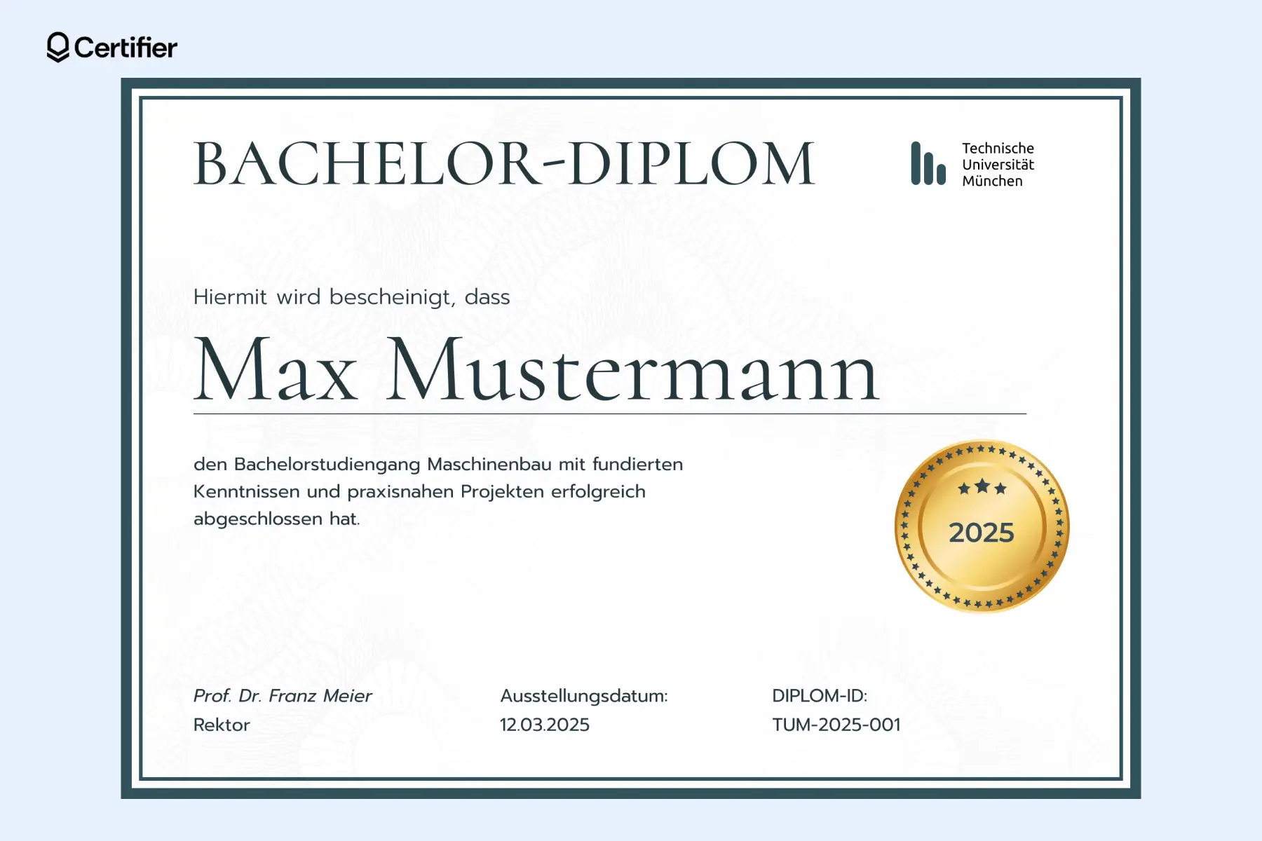 Eine Diplom Vorlage PDF im klassischen Design mit goldenen Sternen für einen Bachelorabschluss in Maschinenbau. Es enthält ein offizielles Siegel und Platz für den Namen des Absolventen. Eine Diplom Vorlage PDF im klassischen Design mit goldenen Sternen für einen Bachelorabschluss in Maschinenbau. Es enthält ein offizielles Siegel und Platz für den Namen des Absolventen.