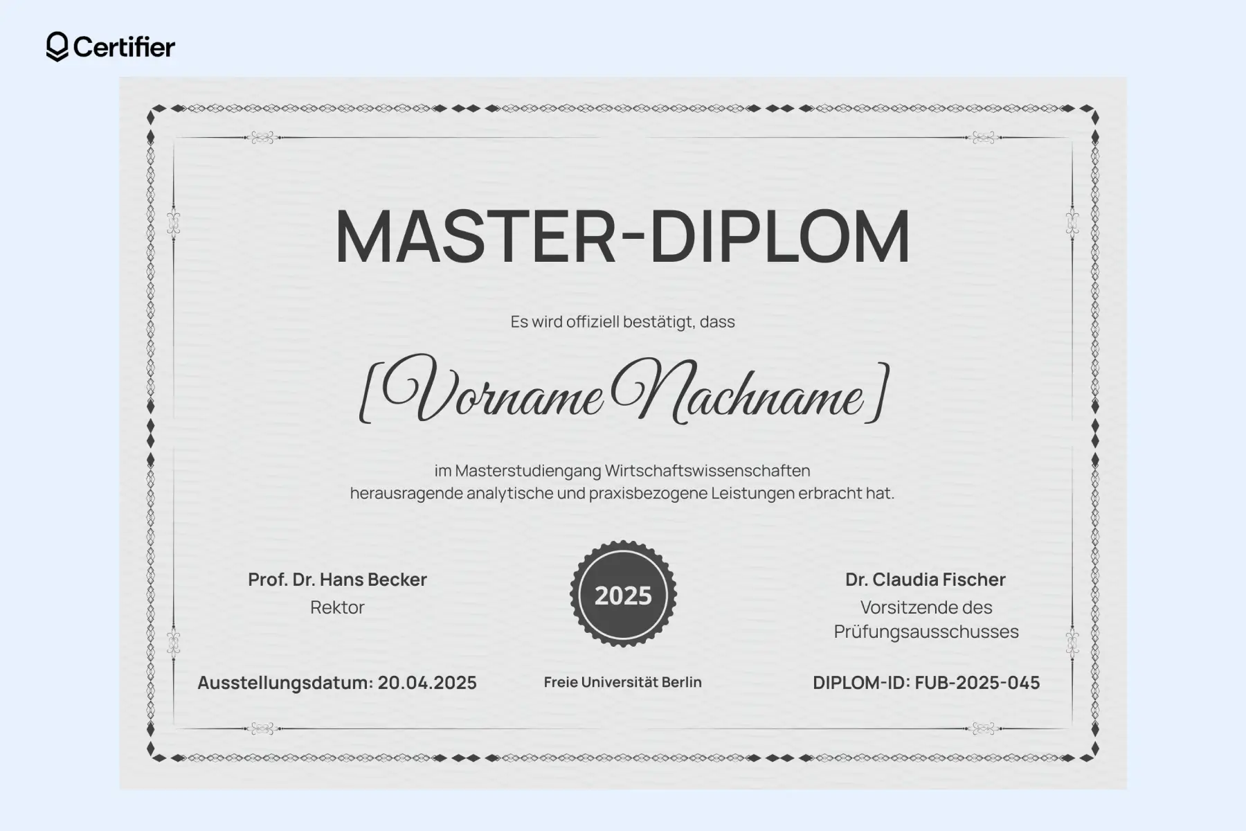 Eine Diplom Vorlage PDF für einen Masterabschluss in Wirtschaftswissenschaften, mit modernem Design und einem goldenen Siegel als Symbol für exzellente Leistungen. Eine Diplom Vorlage PDF für einen Masterabschluss in Wirtschaftswissenschaften, mit modernem Design und einem goldenen Siegel als Symbol für exzellente Leistungen.