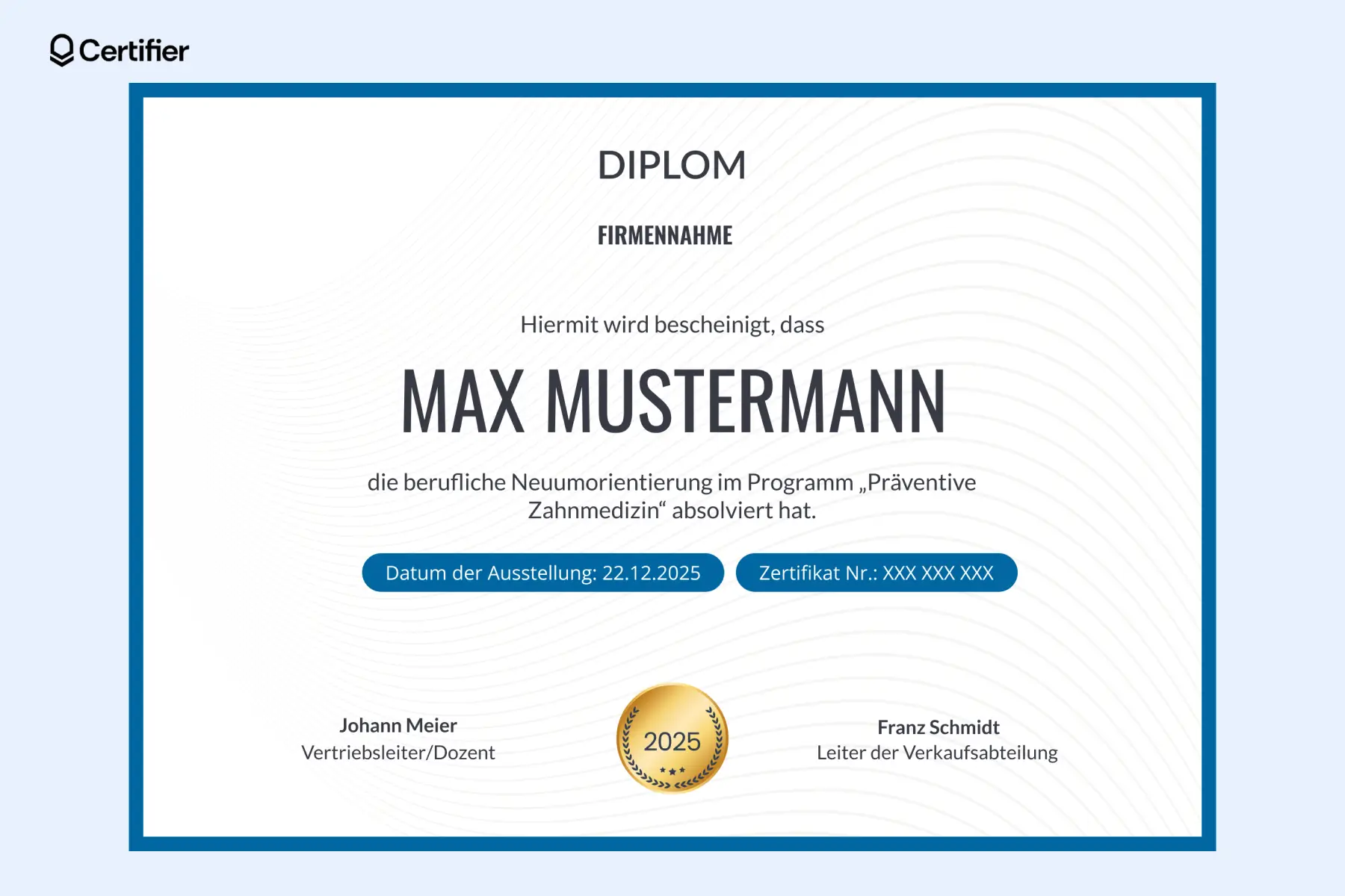 Eine Diplom Vorlage leer für die Zertifizierung einer beruflichen Weiterbildung im Bereich Zahnmedizin, mit einem eleganten, modernen Design und Platz für persönliche Anpassungen. Eine Diplom Vorlage leer für die Zertifizierung einer beruflichen Weiterbildung im Bereich Zahnmedizin, mit einem eleganten, modernen Design und Platz für persönliche Anpassungen.