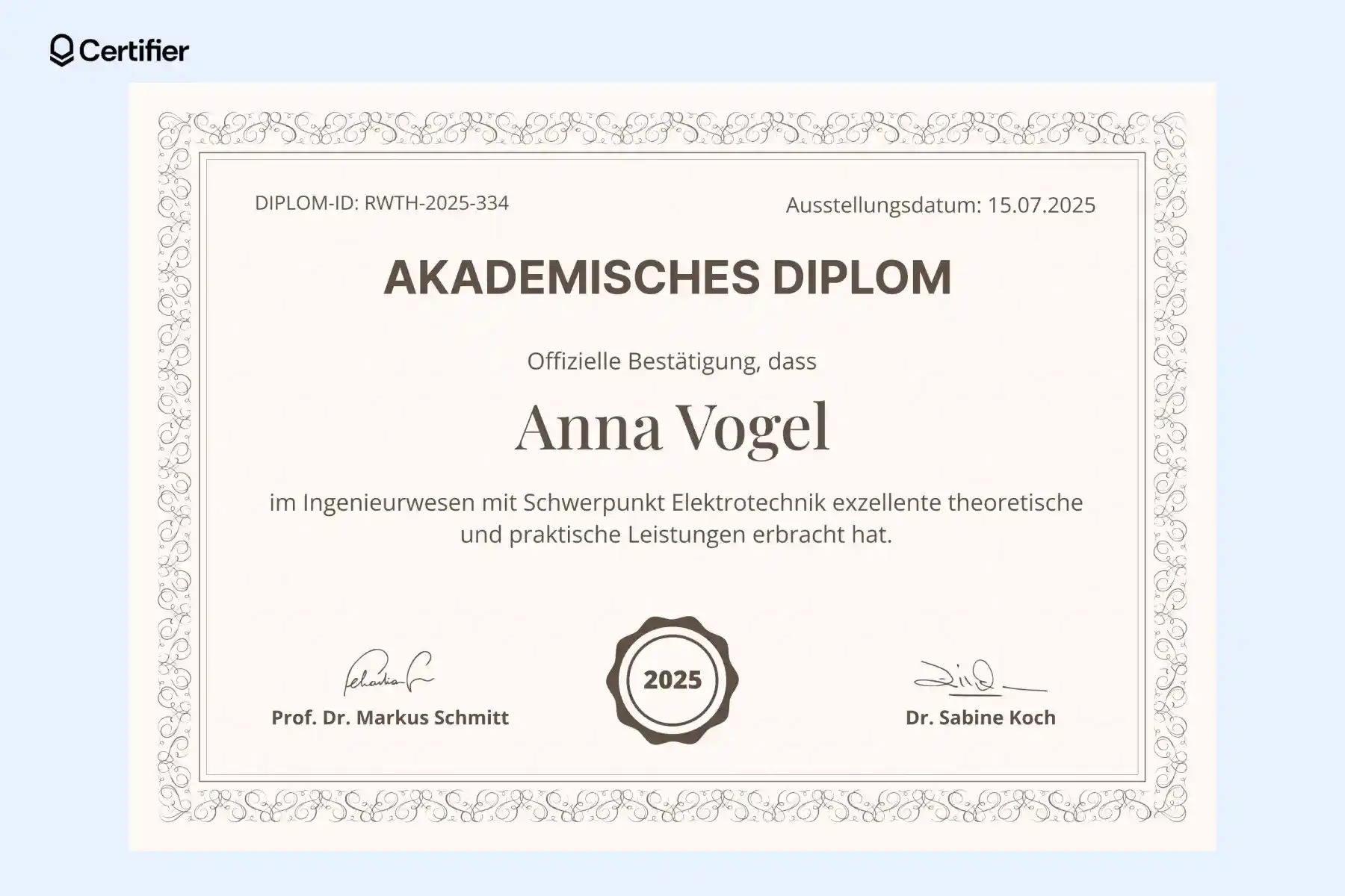 Akademische Diplom Vorlage leer für Ingenieurwissenschaften mit einem modernen, zarten Design. Perfekt für die Bestätigung von theoretischen und praktischen Leistungen im Bereich Elektrotechnik. Akademische Diplom Vorlage leer für Ingenieurwissenschaften mit einem modernen, zarten Design. Perfekt für die Bestätigung von theoretischen und praktischen Leistungen im Bereich Elektrotechnik.