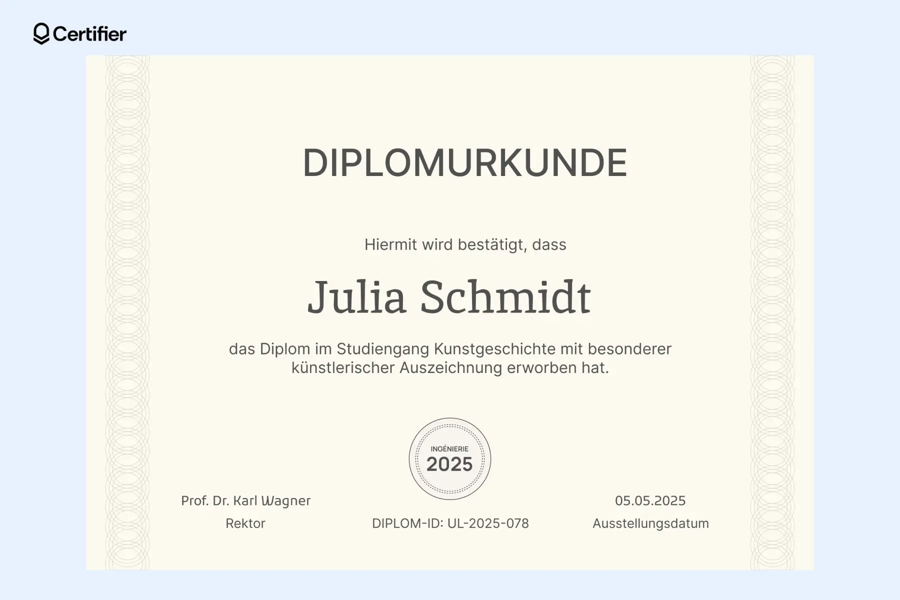 Diplomurkunde Vorlage kostenlos im Bereich Kunstgeschichte mit einem klassischen Rahmen. Ideal für die Bestätigung künstlerischer Auszeichnungen von Hochschulabsolventen. Diplomurkunde Vorlage kostenlos im Bereich Kunstgeschichte mit einem klassischen Rahmen. Ideal für die Bestätigung künstlerischer Auszeichnungen von Hochschulabsolventen.