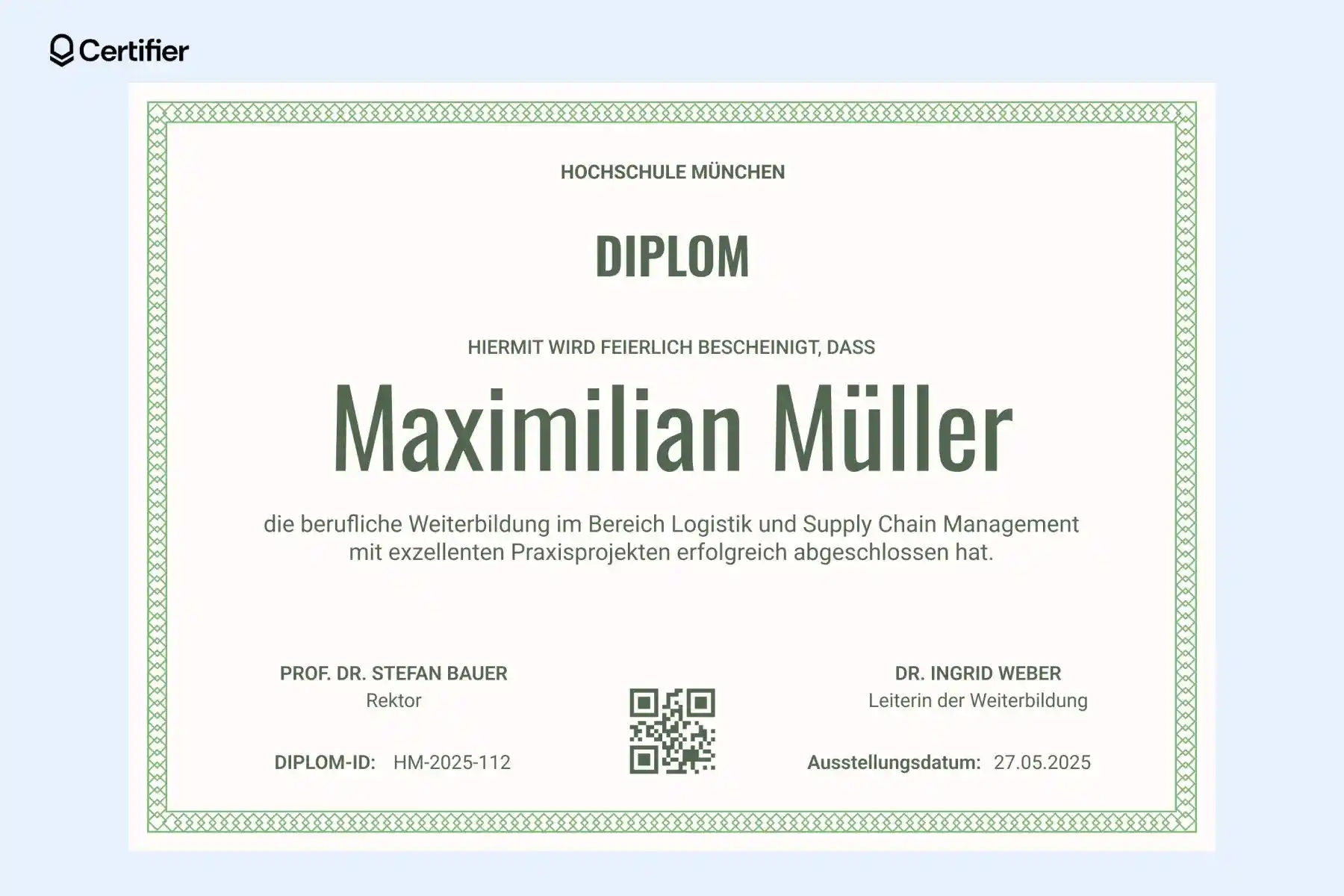 Eine Diplom Vorlage kostenlos für eine berufliche Weiterbildung im Bereich Supply Chain Management, mit grünem Design und einem QR-Code zur Verifizierung. Eine Diplom Vorlage kostenlos für eine berufliche Weiterbildung im Bereich Supply Chain Management, mit grünem Design und einem QR-Code zur Verifizierung.
