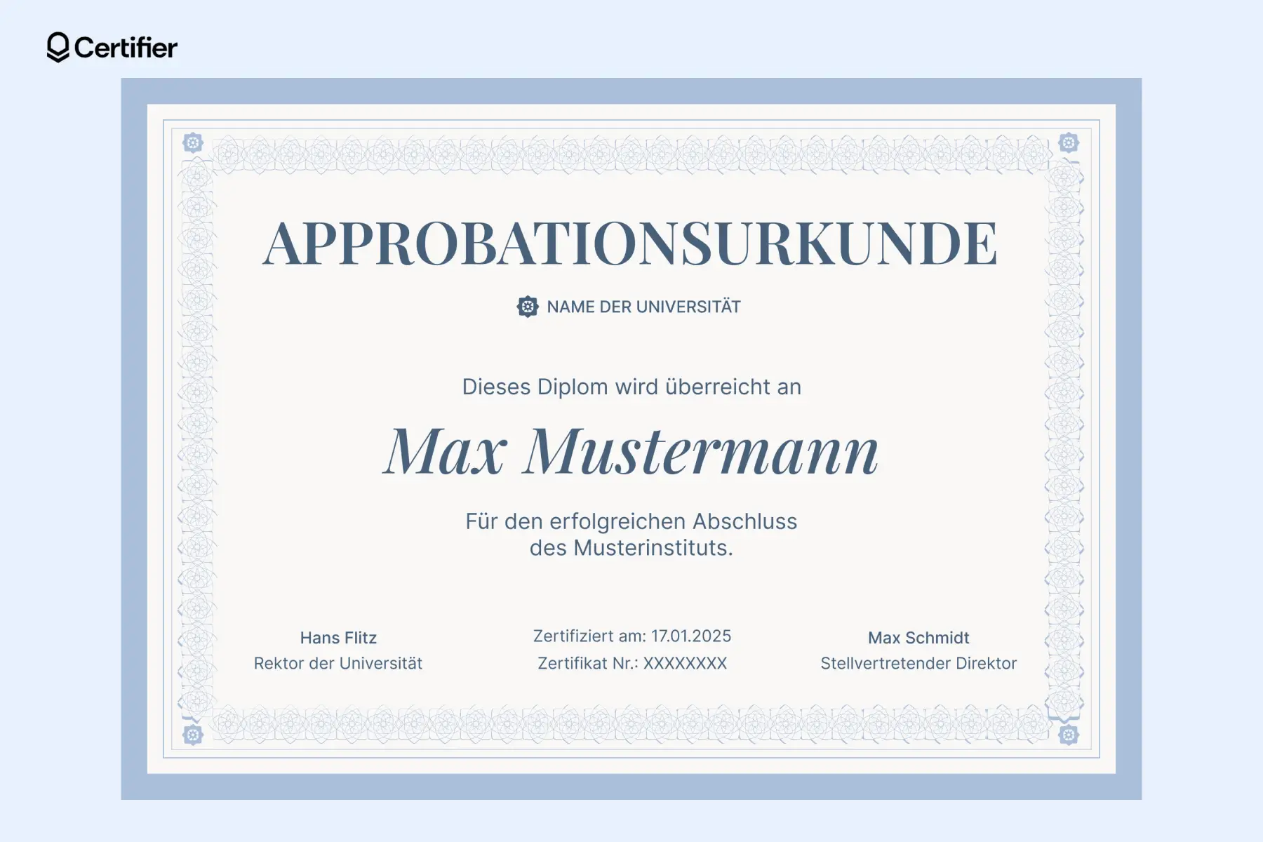 Eine Diplom Urkunde Vorlage kostenlos für eine Approbationsurkunde, die mit eleganter Schrift und einem modernen blauen Design versehen ist. Eine Diplom Urkunde Vorlage kostenlos für eine Approbationsurkunde, die mit eleganter Schrift und einem modernen blauen Design versehen ist.