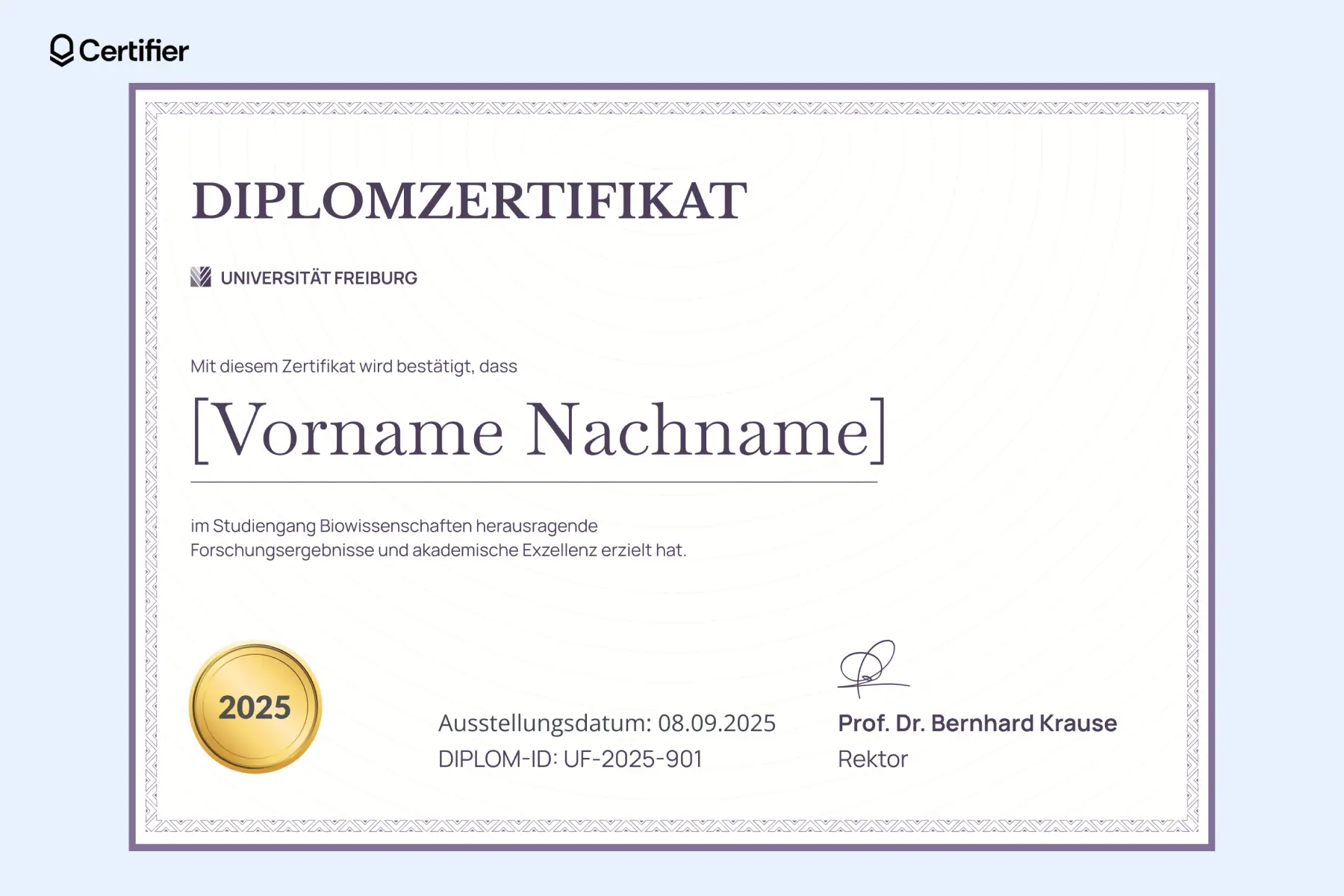 Diplom Vorlage PDF für ein erfolgreich abgeschlossenes Studium der Biowissenschaften. Ideal für die Dokumentation akademischer Exzellenz mit einer modernen Gestaltung. Diplom Vorlage PDF für ein erfolgreich abgeschlossenes Studium der Biowissenschaften. Ideal für die Dokumentation akademischer Exzellenz mit einer modernen Gestaltung.