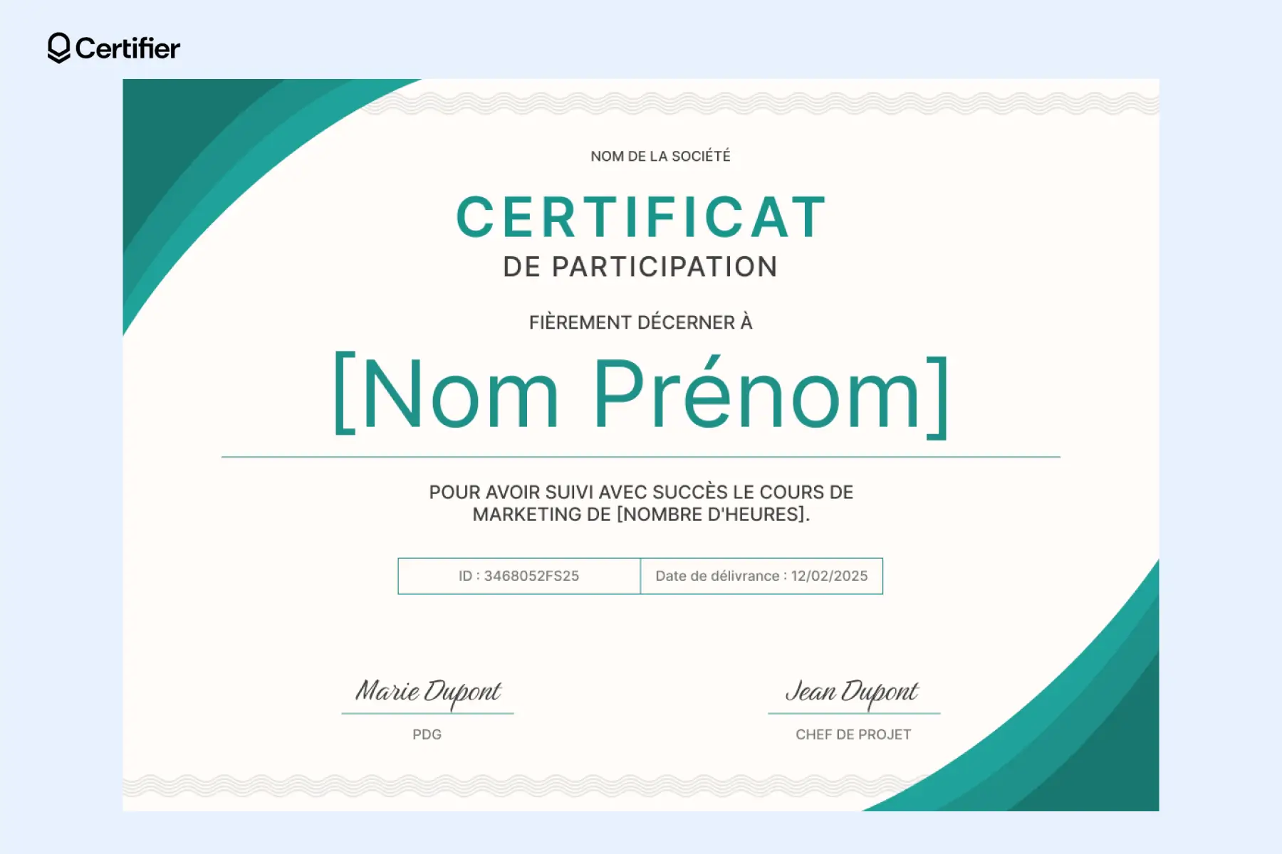 Un certificat de participation décerné à Nelly Adams pour avoir suivi une formation en marketing numérique, présentant un design simple illustrant comment créer des certificats à des fins éducatives. Un certificat de participation décerné à Nelly Adams pour avoir suivi une formation en marketing numérique, présentant un design simple illustrant comment créer des certificats à des fins éducatives.