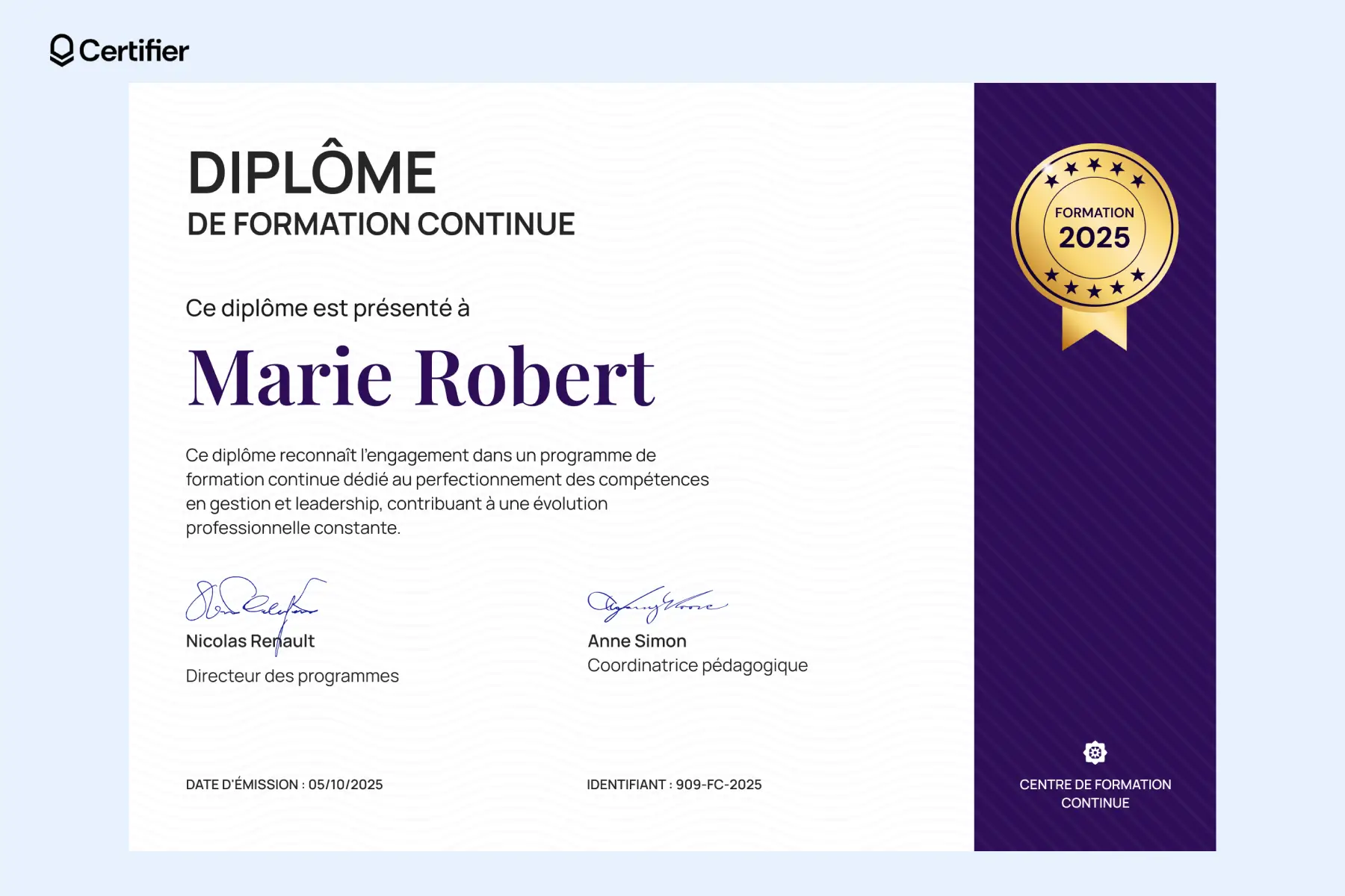 Modèle de diplôme avec un fond violet et une médaille dorée, adapté pour un diplome exemple en perfectionnement professionnel. Modèle de diplôme avec un fond violet et une médaille dorée, adapté pour un diplome exemple en perfectionnement professionnel.
