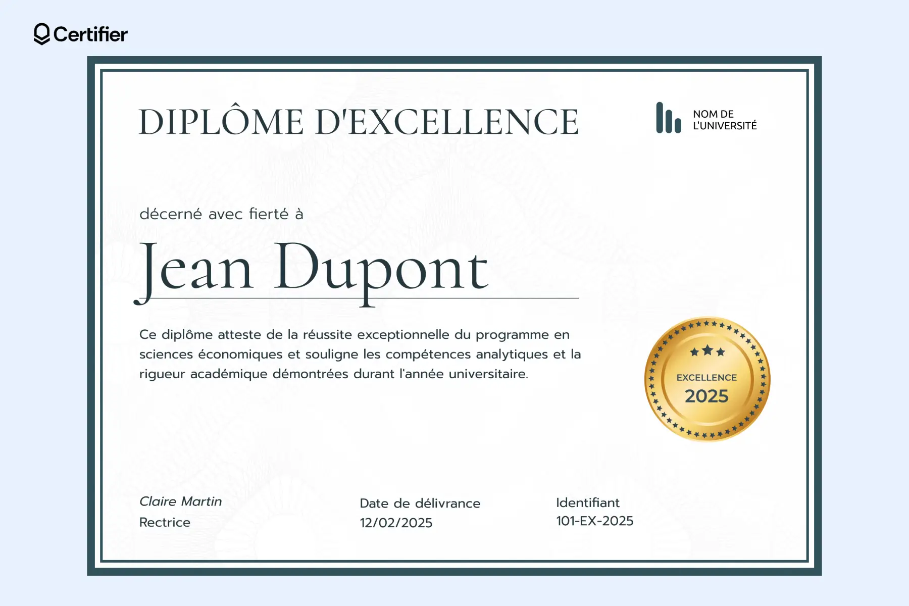 Modèle de diplôme classique avec des bordures vertes et une médaille dorée, conçu pour être un exemple de diplome pour des réussites exceptionnelles. Modèle de diplôme classique avec des bordures vertes et une médaille dorée, conçu pour être un exemple de diplome pour des réussites exceptionnelles.