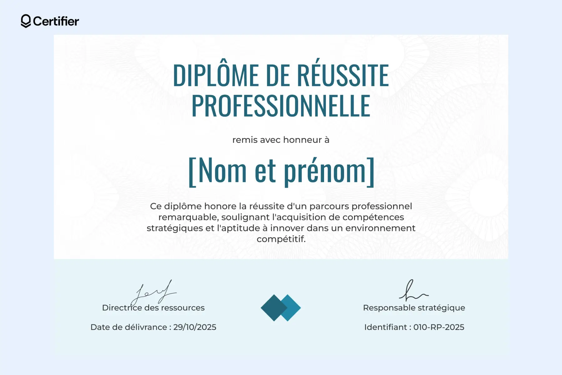 Modèle élégant en bleu pastel, idéal pour un modèle de diplome pour des parcours professionnels réussis Modèle élégant en bleu pastel, idéal pour un modèle de diplome pour des parcours professionnels réussis
