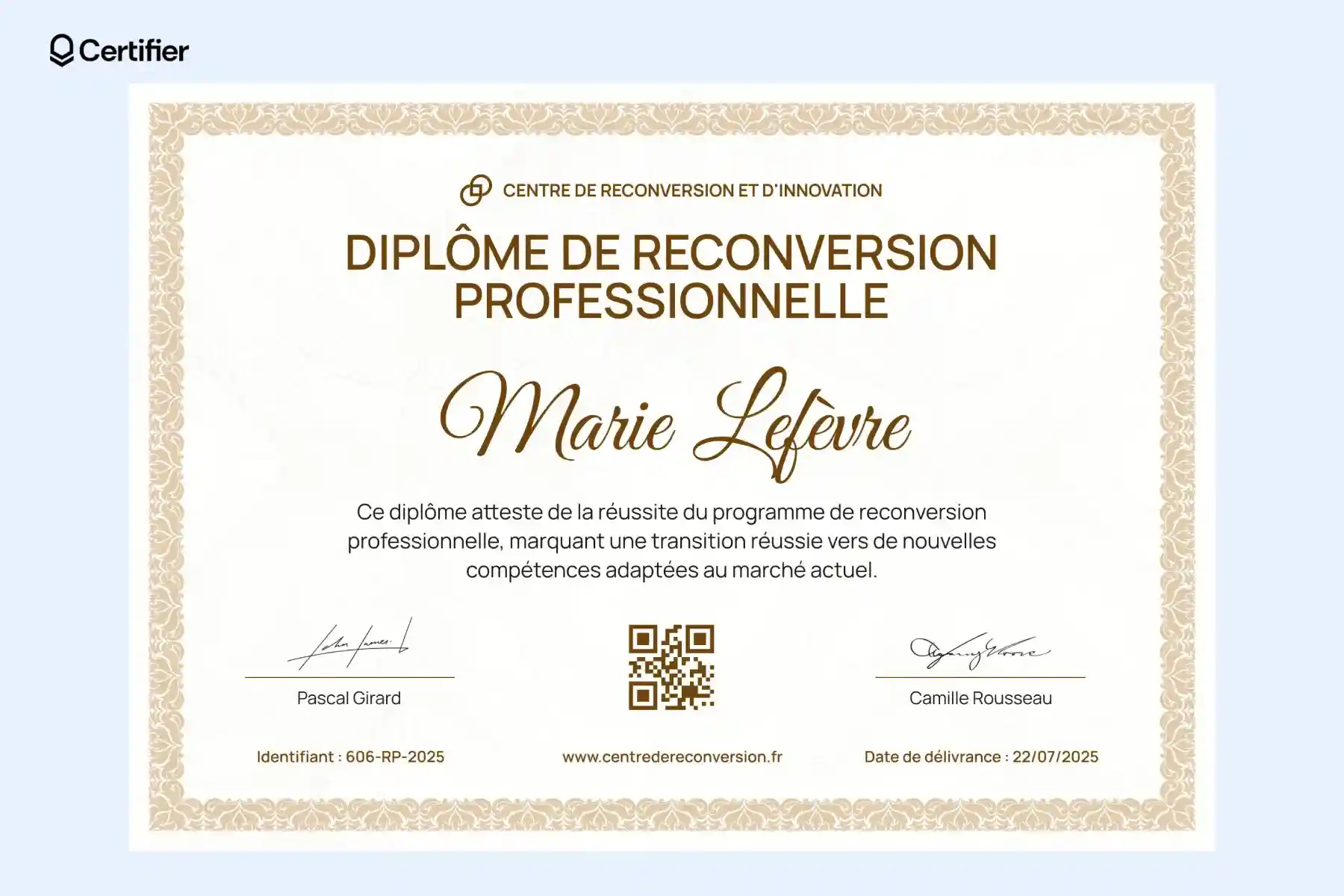 Un diplôme vierge élégant avec un cadre doré, idéal pour certifier la réussite d'un programme de reconversion professionnelle, marquant une transition réussie vers de nouvelles compétences adaptées au marché actuel. Un diplôme vierge élégant avec un cadre doré, idéal pour certifier la réussite d'un programme de reconversion professionnelle, marquant une transition réussie vers de nouvelles compétences adaptées au marché actuel.