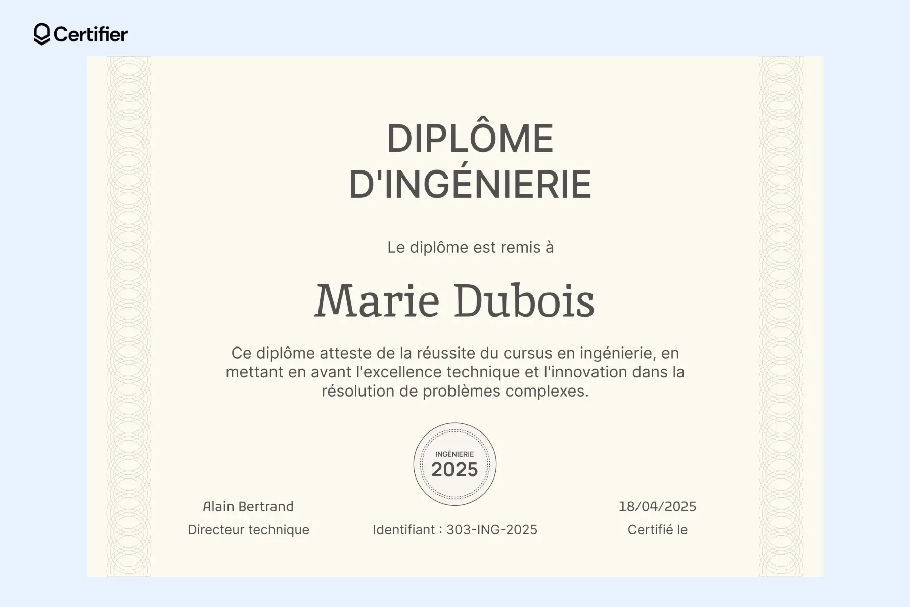 Un diplôme vierge simple pour certifier l'obtention d'un diplôme d'ingénierie, mettant en valeur l'excellence technique et l'innovation dans la résolution de problèmes complexes. Un diplôme vierge simple pour certifier l'obtention d'un diplôme d'ingénierie, mettant en valeur l'excellence technique et l'innovation dans la résolution de problèmes complexes.