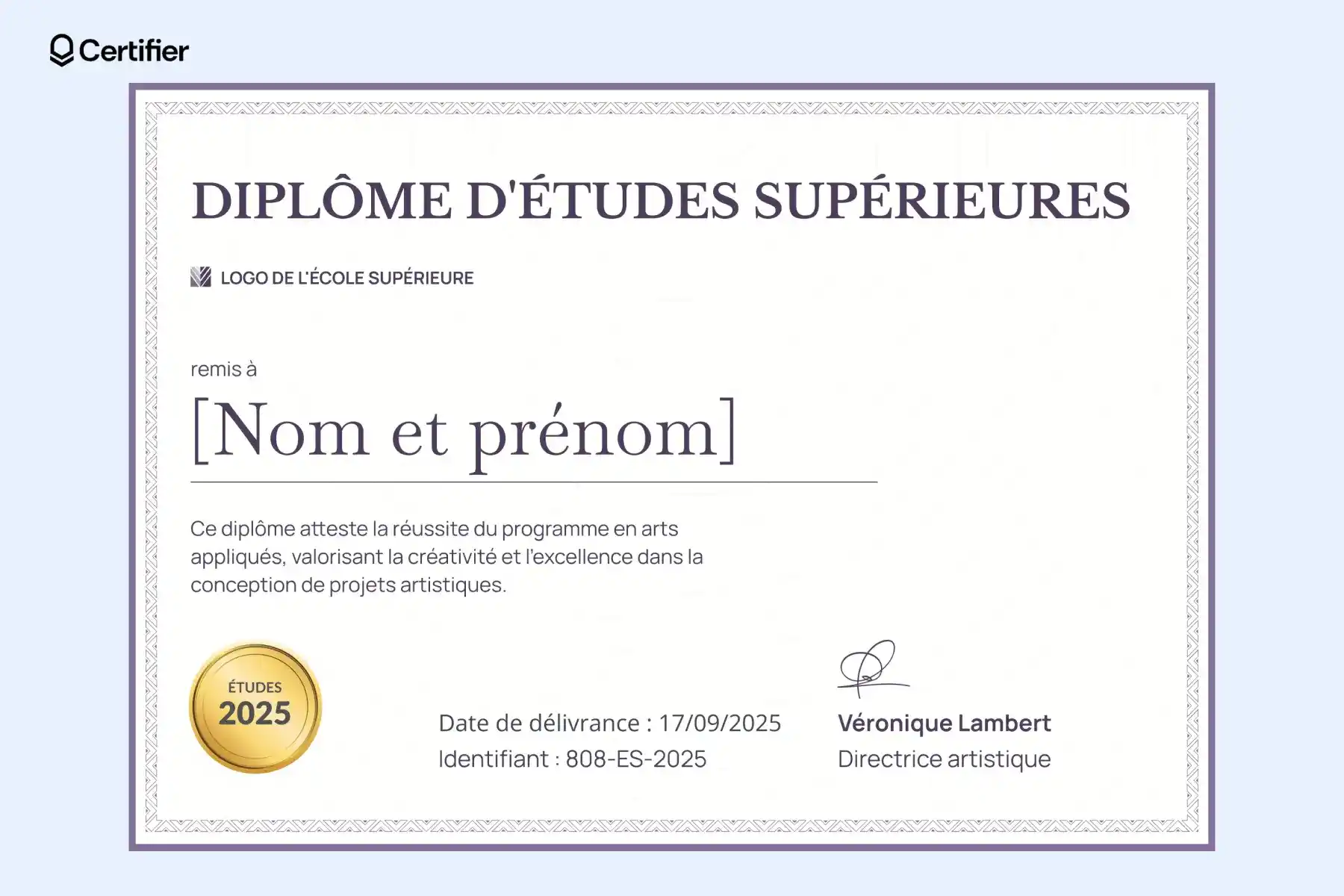 Un modèle diplôme PDF élégant en arts appliqués, mettant en avant la créativité et l'excellence dans la conception de projets artistiques, idéal pour des formations supérieures. Un modèle diplôme PDF élégant en arts appliqués, mettant en avant la créativité et l'excellence dans la conception de projets artistiques, idéal pour des formations supérieures.