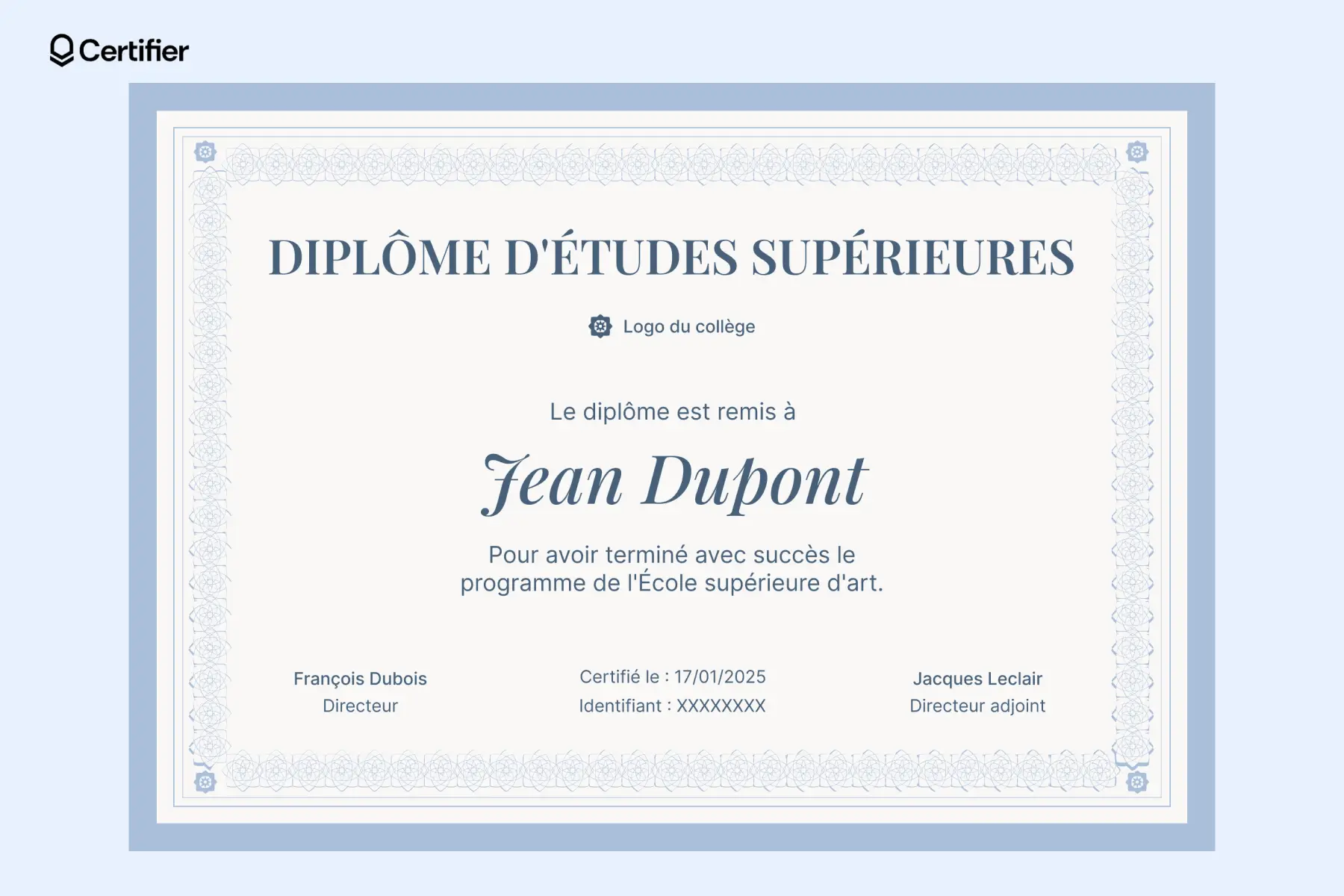 Bleu clair modele diplome, avec un élégant cadre floral et des typographies raffinées, idéal pour reconnaître la réussite dans un programme académique supérieur, notamment dans les écoles d'art. Bleu clair modele diplome, avec un élégant cadre floral et des typographies raffinées, idéal pour reconnaître la réussite dans un programme académique supérieur, notamment dans les écoles d'art.