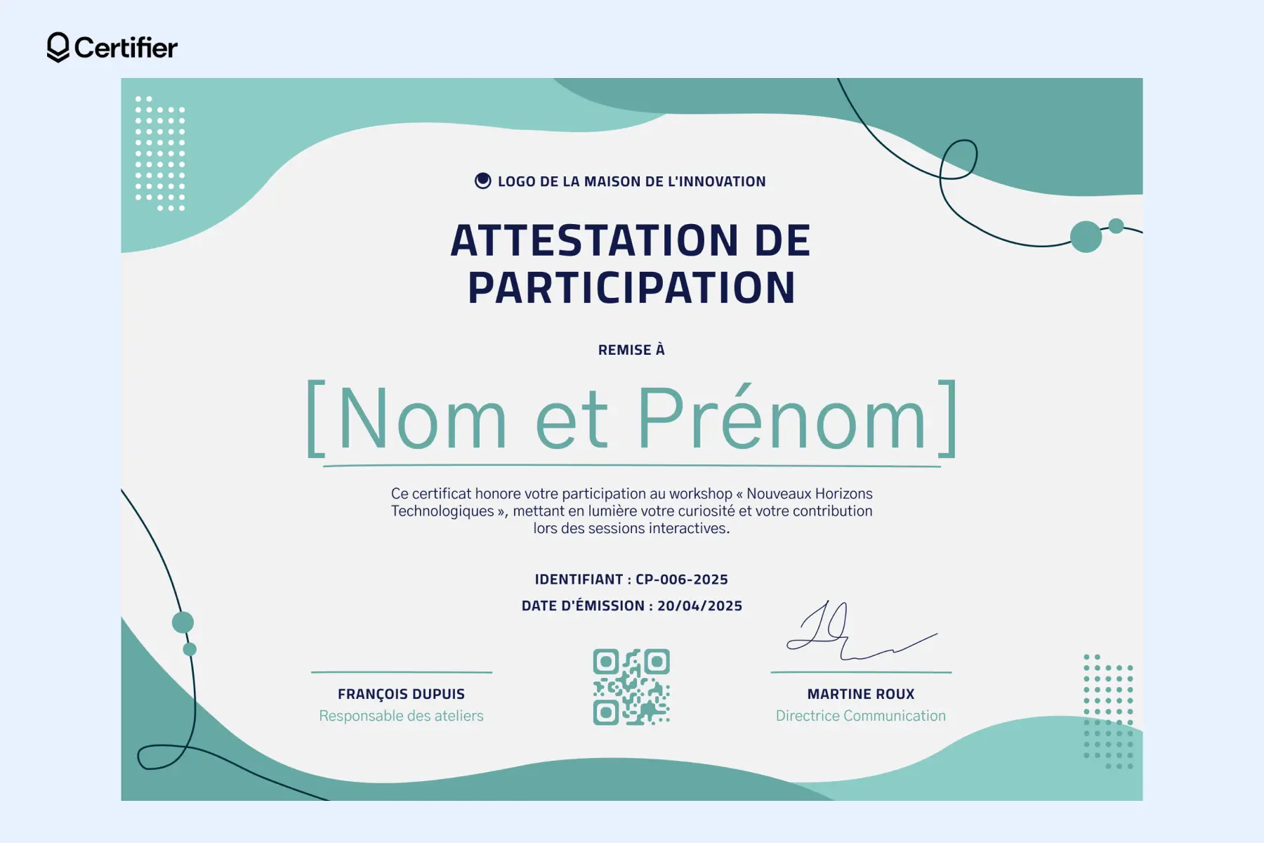 Certificat de participation dynamique avec des formes géométriques vives, remis après une conférence sur les stratégies durables. Certificat de participation dynamique avec des formes géométriques vives, remis après une conférence sur les stratégies durables.
