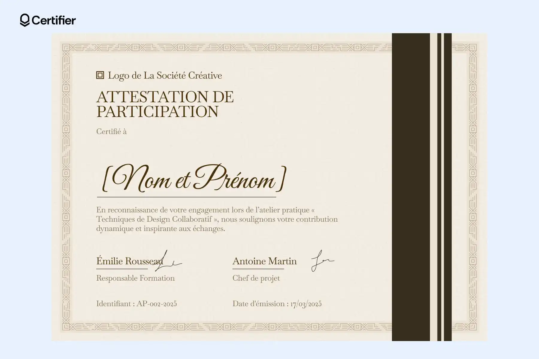 Attestation de participation avec un style vintage, certifiant l'engagement dans un atelier de design collaboratif. Attestation de participation avec un style vintage, certifiant l'engagement dans un atelier de design collaboratif.