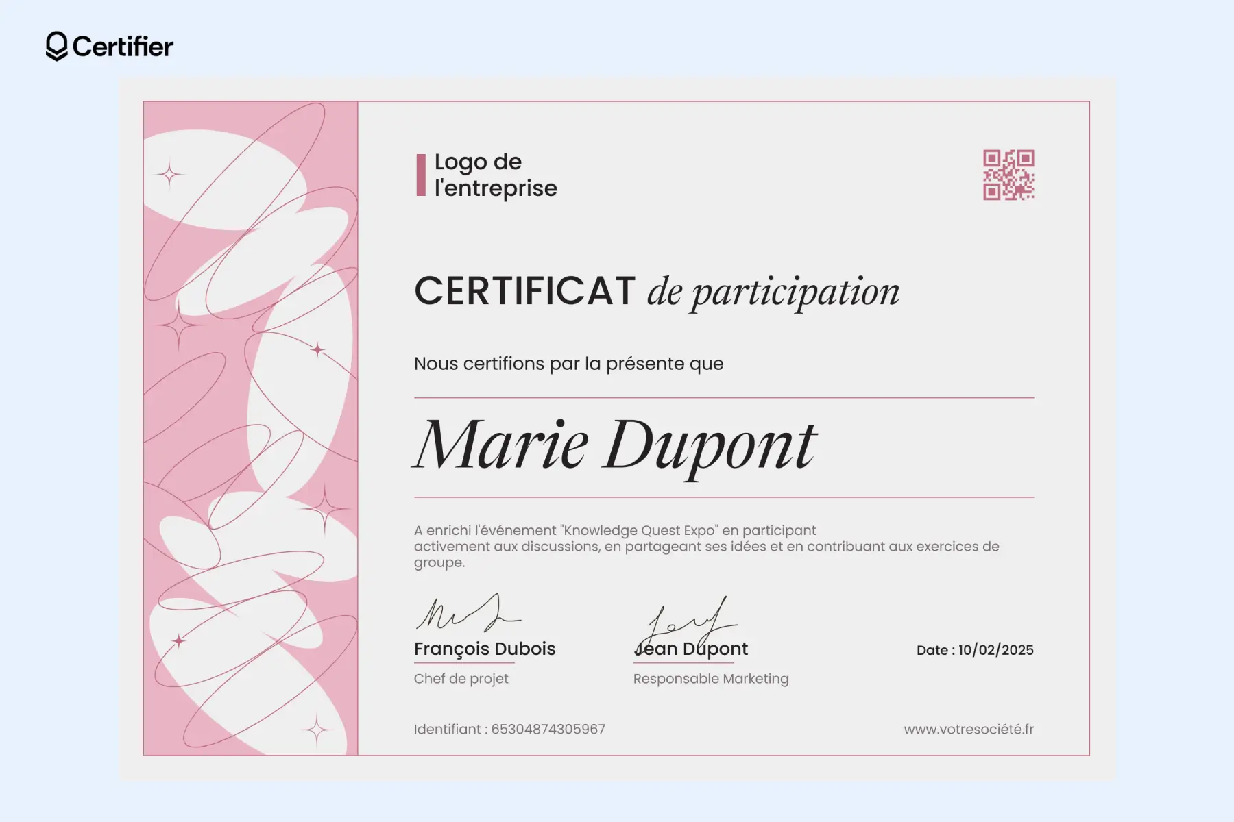 Attestation de participation colorée, avec des formes géométriques et un QR code. Parfait pour un modèle d'attestation de participation à une formation. Attestation de participation colorée, avec des formes géométriques et un QR code. Parfait pour un modèle d'attestation de participation à une formation.