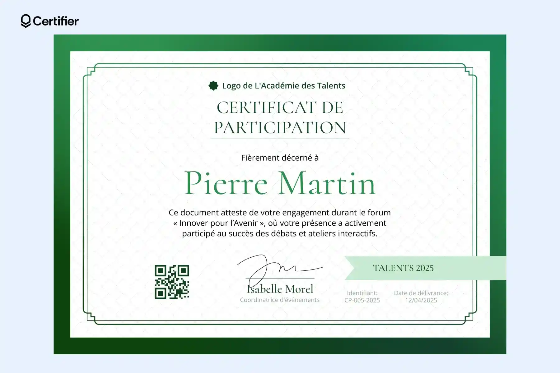 Certificat de participation avec des éléments géométriques verts. Design épuré avec des signatures et un code QR. Modèle certificat de participation. Certificat de participation avec des éléments géométriques verts. Design épuré avec des signatures et un code QR. Modèle certificat de participation.