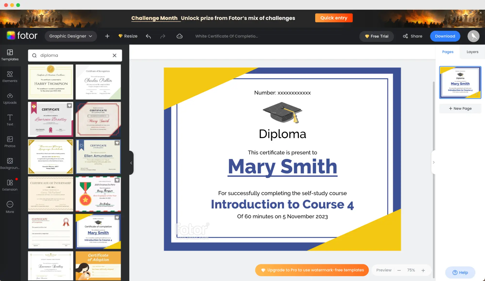Generador de diplomas online Fotor con plantilla seleccionada en tonos azul y amarillo. Generador de diplomas online Fotor con plantilla seleccionada en tonos azul y amarillo.
