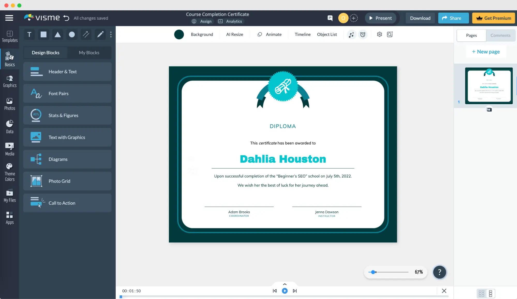 Editor de Visme con una plantilla de diploma y opciones de personalización en la barra lateral izquierda. Editor de Visme con una plantilla de diploma y opciones de personalización en la barra lateral izquierda.