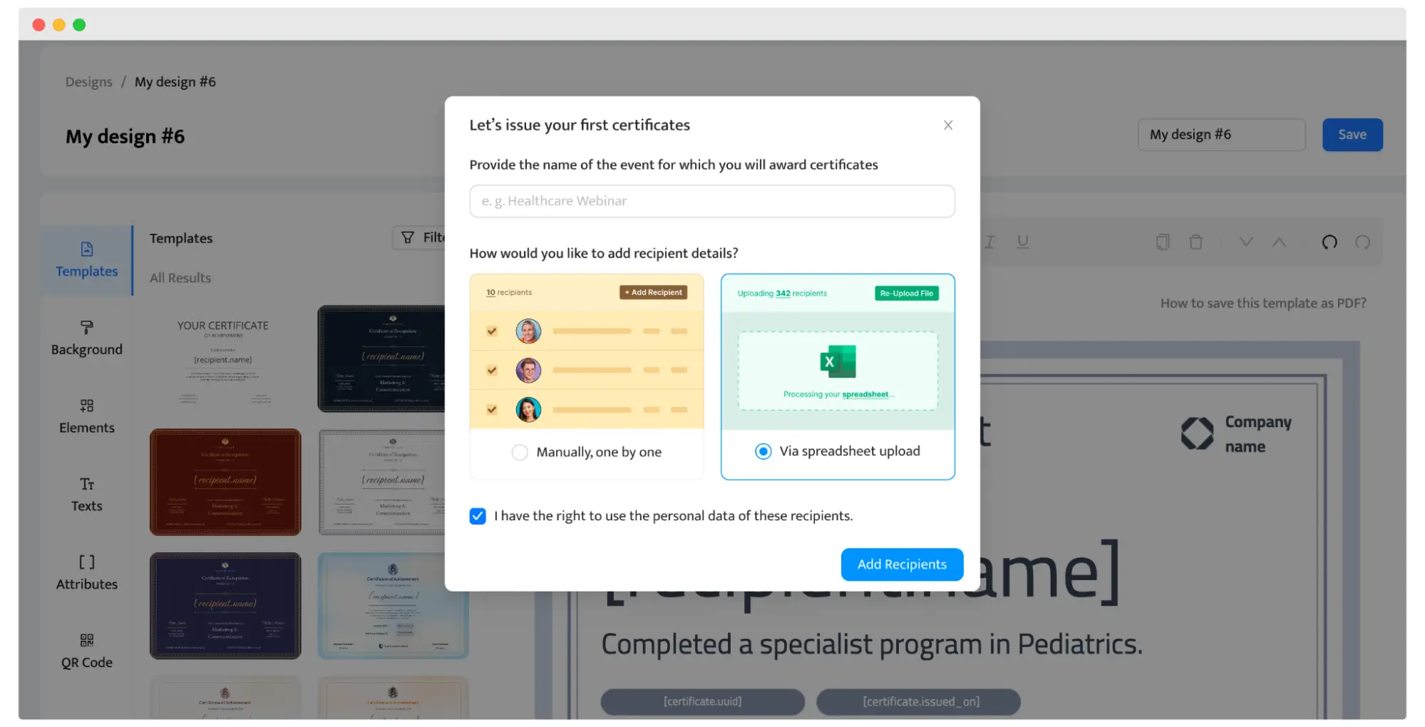Options pour émettre des certificats personnalisés en utilisant les données des destinataires depuis un fichier CSV dans Certifier, pour créer un diplôme gratuitement. Options pour émettre des certificats personnalisés en utilisant les données des destinataires depuis un fichier CSV dans Certifier, pour créer un diplôme gratuitement.