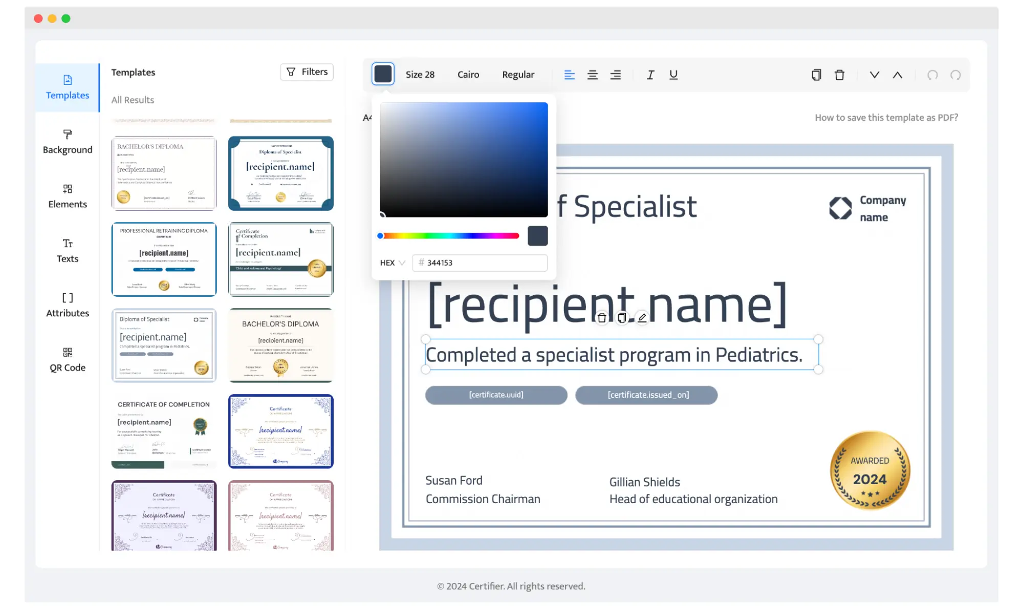 Personnalisation du modèle de diplôme dans Certifier, permettant de modifier la taille, les couleurs, le texte et d'ajouter des éléments pour créer un diplôme personnalisé. Personnalisation du modèle de diplôme dans Certifier, permettant de modifier la taille, les couleurs, le texte et d'ajouter des éléments pour créer un diplôme personnalisé.