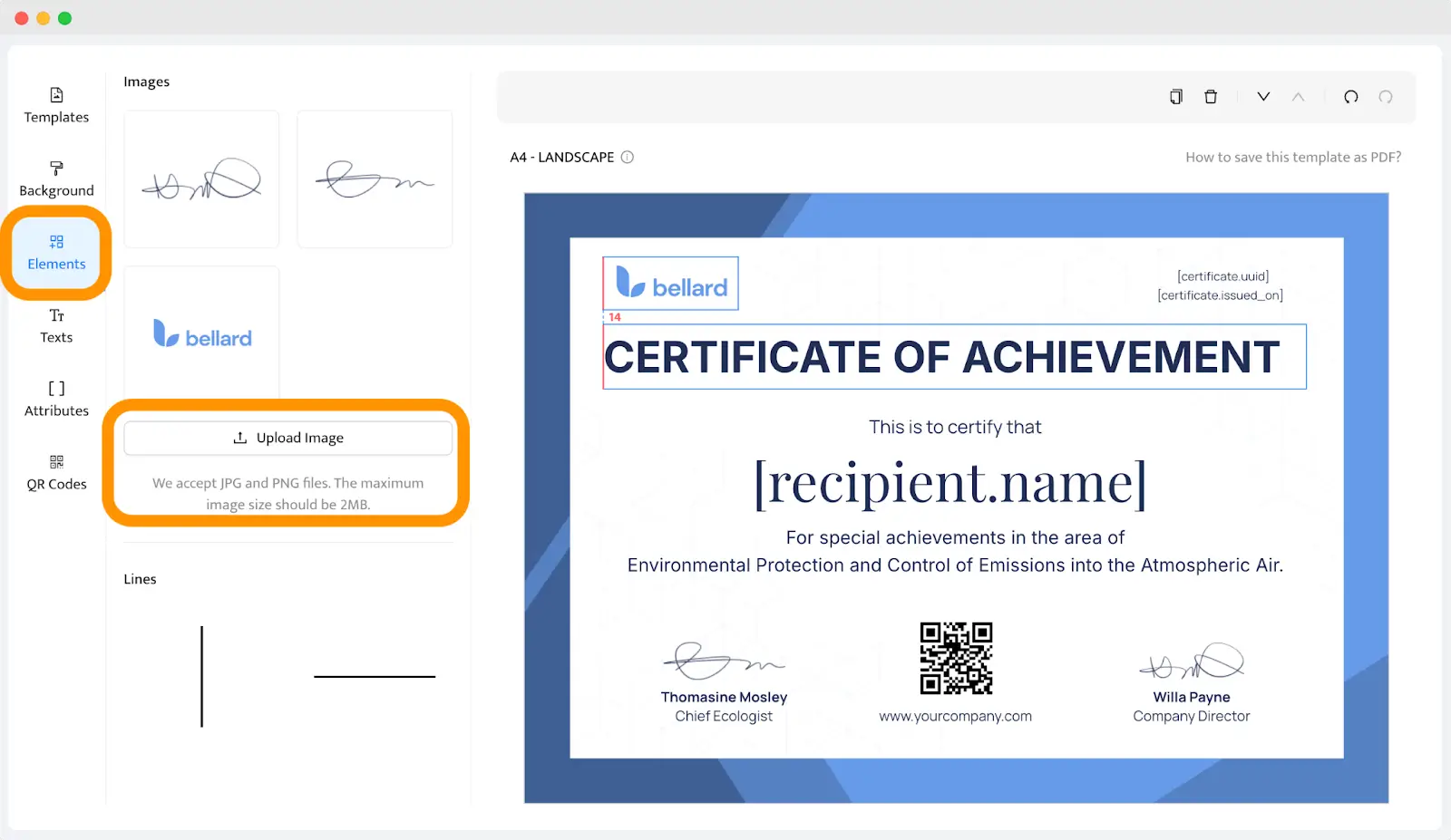 Un editor de diseño de certificados con opciones para añadir logotipos y códigos QR, perfecto para crear certificado digital con elementos personalizables. Un editor de diseño de certificados con opciones para añadir logotipos y códigos QR, perfecto para crear certificado digital con elementos personalizables.