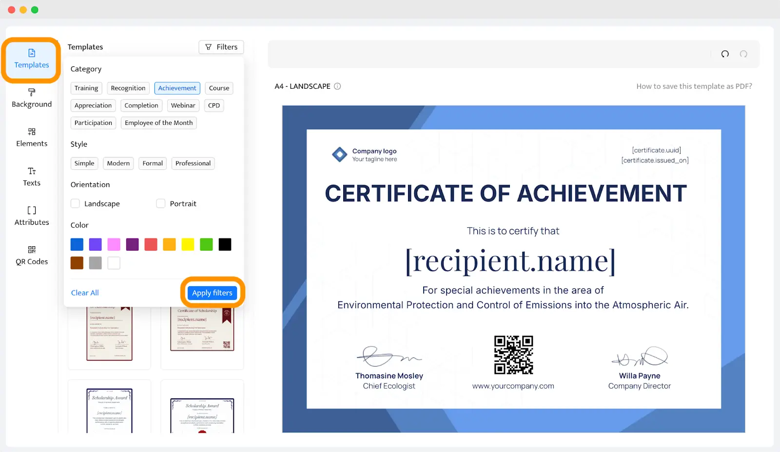 Un editor de plantillas de certificado digital que muestra cómo hacer certificados online de forma dinámica con datos personalizados del destinatario. Un editor de plantillas de certificado digital que muestra cómo hacer certificados online de forma dinámica con datos personalizados del destinatario.