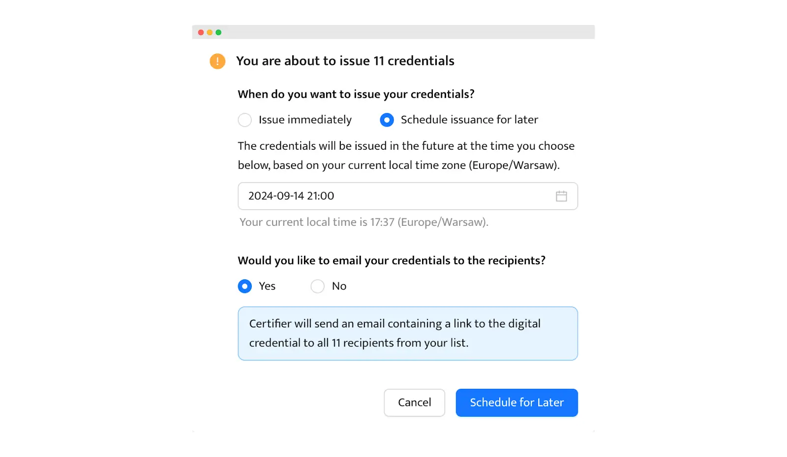 Una interfaz de programación para emitir los certificados que muestre opciones para enviar certificados en un momento posterior y ofrezca información sobre cómo hacer un certificado digital en línea con horarios automatizados. Una interfaz de programación para emitir los certificados que muestre opciones para enviar certificados en un momento posterior y ofrezca información sobre cómo hacer un certificado digital en línea con horarios automatizados.