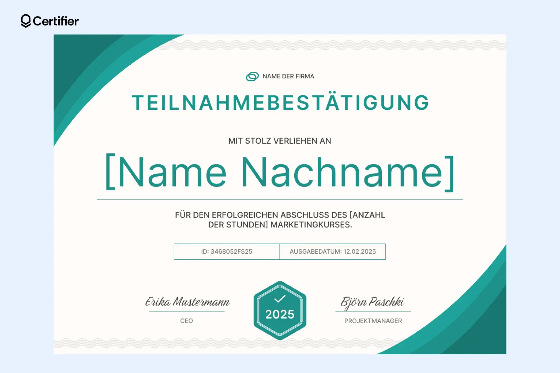 Vordruck Teilnahmebescheinigung kostenlos für kreative Marketingkurse, die eine moderne und ansprechende Gestaltung bieten, mit anpassbaren Feldern für Teilnehmernamen und Zertifikatsdetails. Vordruck Teilnahmebescheinigung kostenlos für kreative Marketingkurse, die eine moderne und ansprechende Gestaltung bieten, mit anpassbaren Feldern für Teilnehmernamen und Zertifikatsdetails.