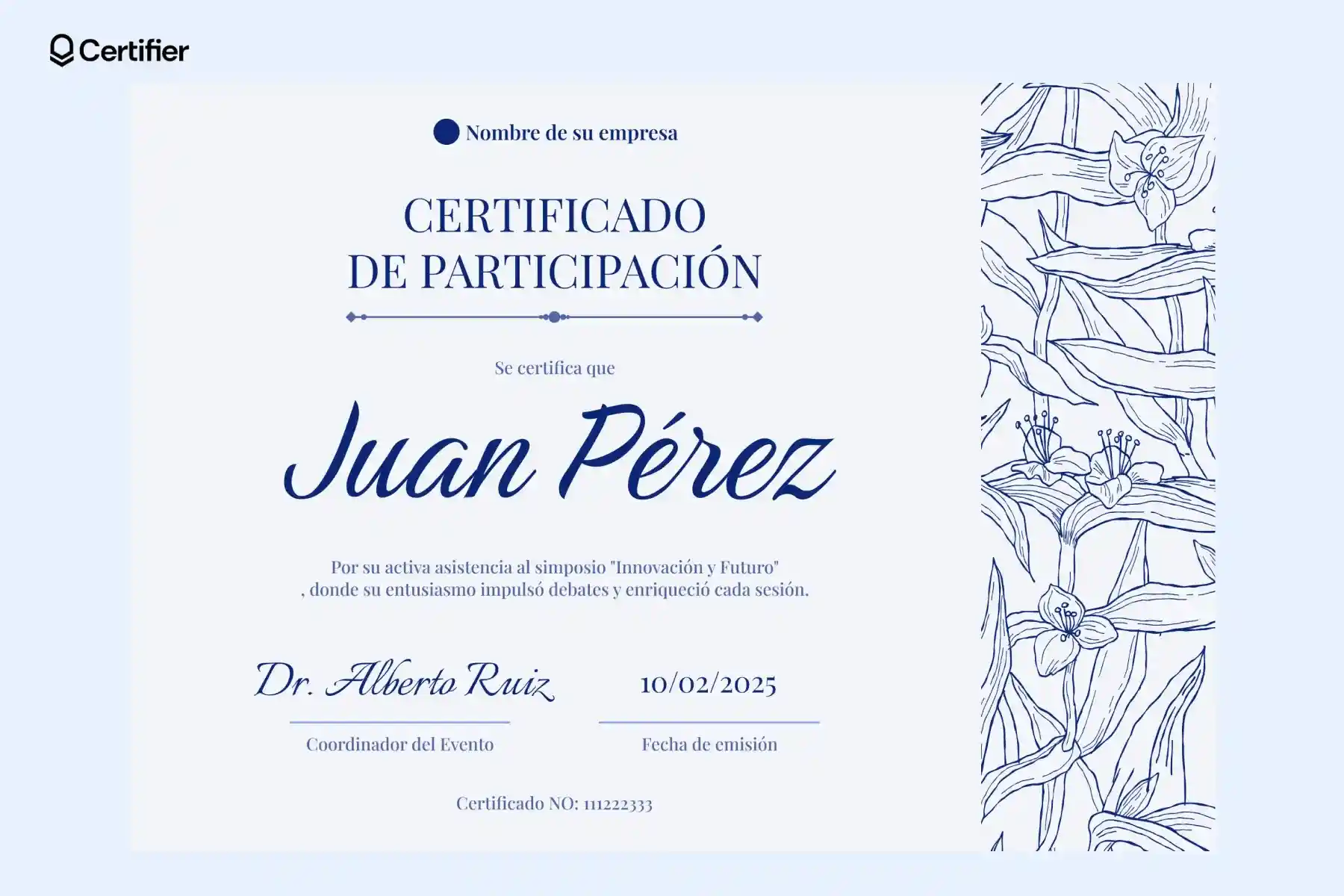 Certificado de participación con ilustraciones florales, entregado por asistencia a simposio. Uno de los mejores diplomas de participacion elegantes. Certificado de participación con ilustraciones florales, entregado por asistencia a simposio. Uno de los mejores diplomas de participacion elegantes.