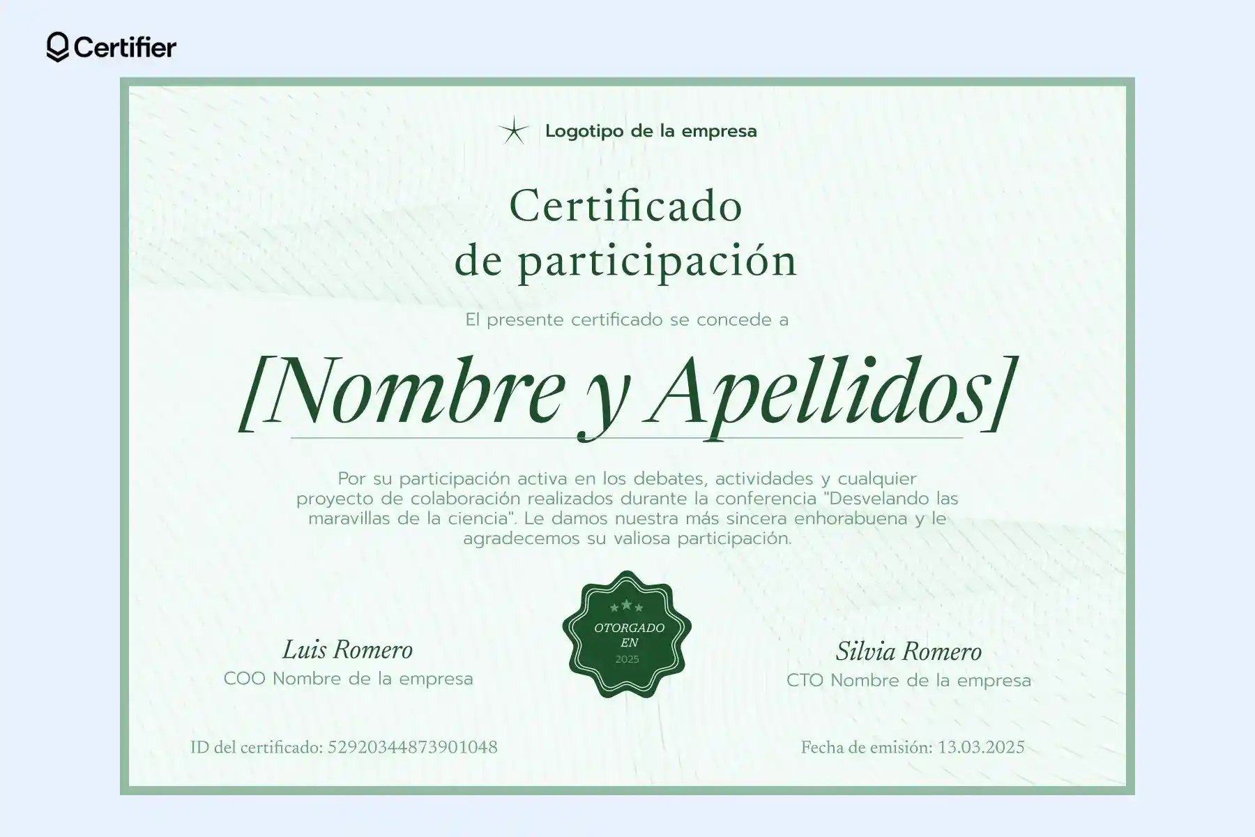 Certificado de participación en tonos verdes con líneas suaves, ideal como modelo de certificado de participación Word. Certificado de participación en tonos verdes con líneas suaves, ideal como modelo de certificado de participación Word.