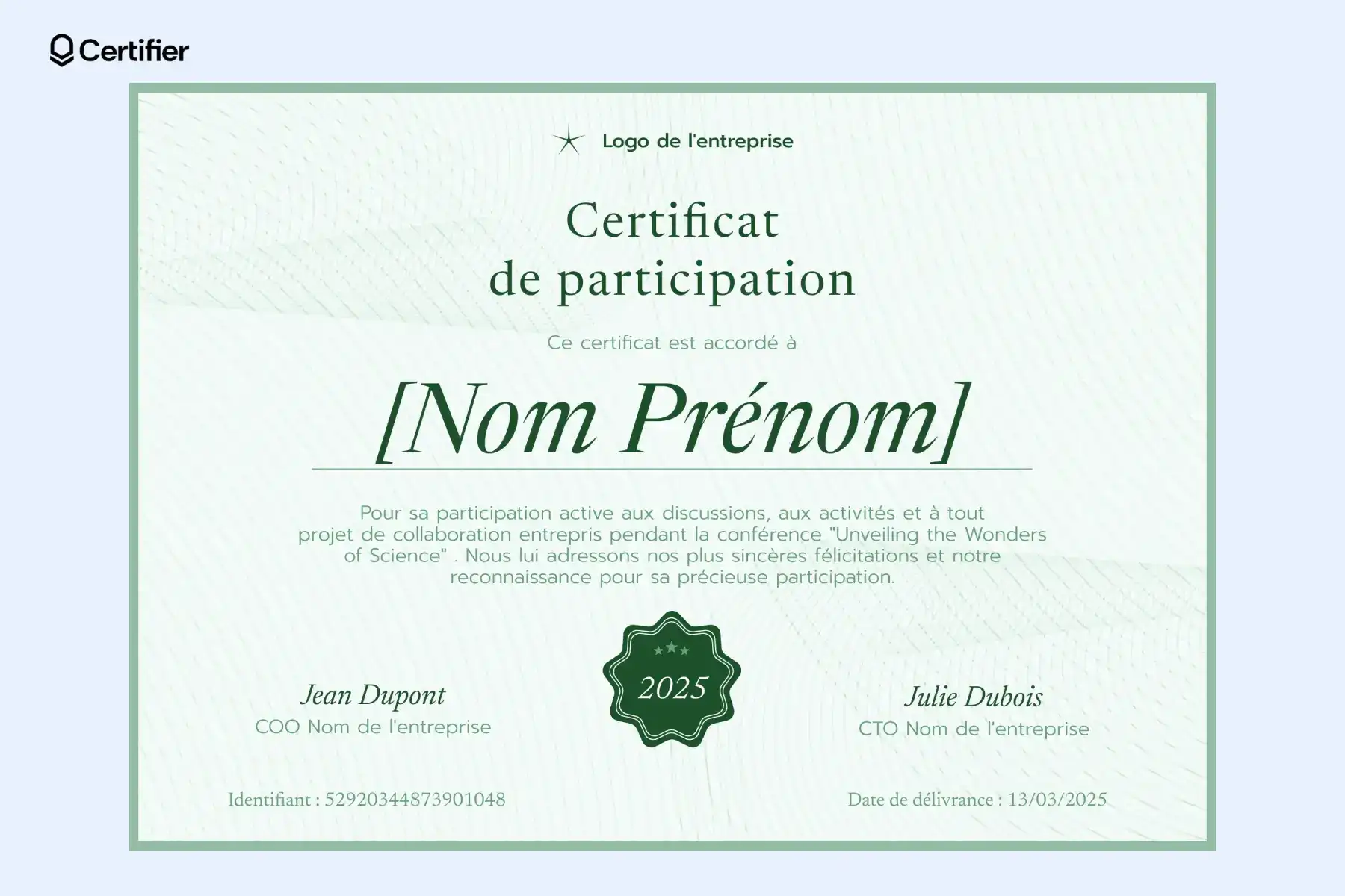 Attestation de participation avec un design minimaliste, bordure nette et couleurs douces. Idéal pour un modèle d'attestation de participation à une formation. Attestation de participation avec un design minimaliste, bordure nette et couleurs douces. Idéal pour un modèle d'attestation de participation à une formation.
